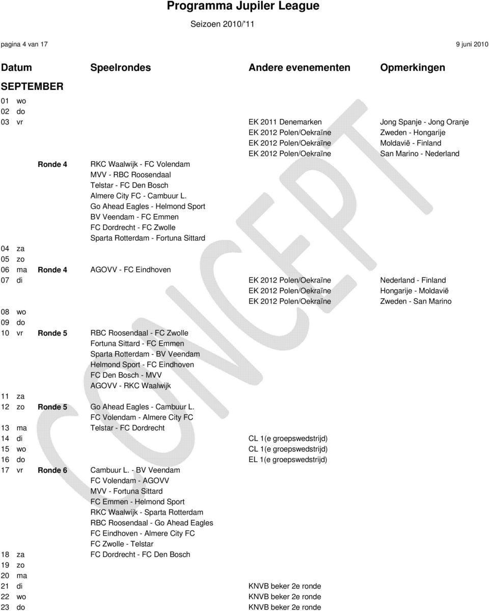 Go Ahead Eagles - Helmond Sport BV Veendam - FC Emmen FC Dordrecht - FC Zwolle Sparta Rotterdam - Fortuna Sittard 04 za 05 zo 06 ma Ronde 4 AGOVV - FC Eindhoven 07 di Nederland - Finland Hongarije -