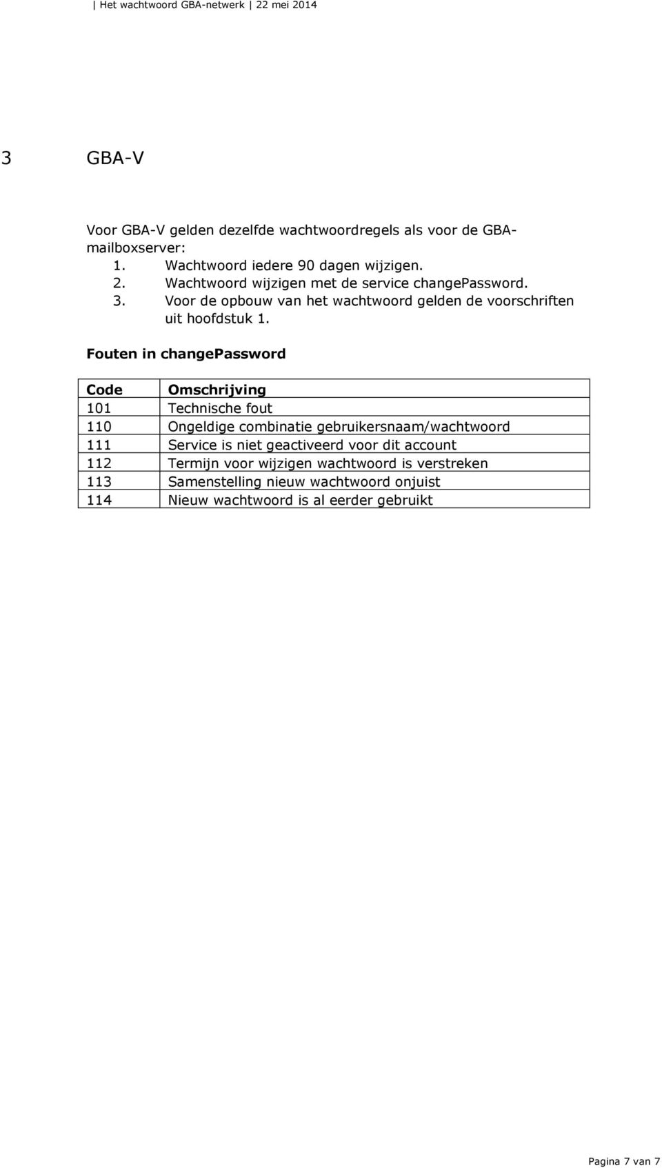 Fouten in changepassword Code Omschrijving 101 Technische fout 110 Ongeldige combinatie gebruikersnaam/wachtwoord 111 Service is niet