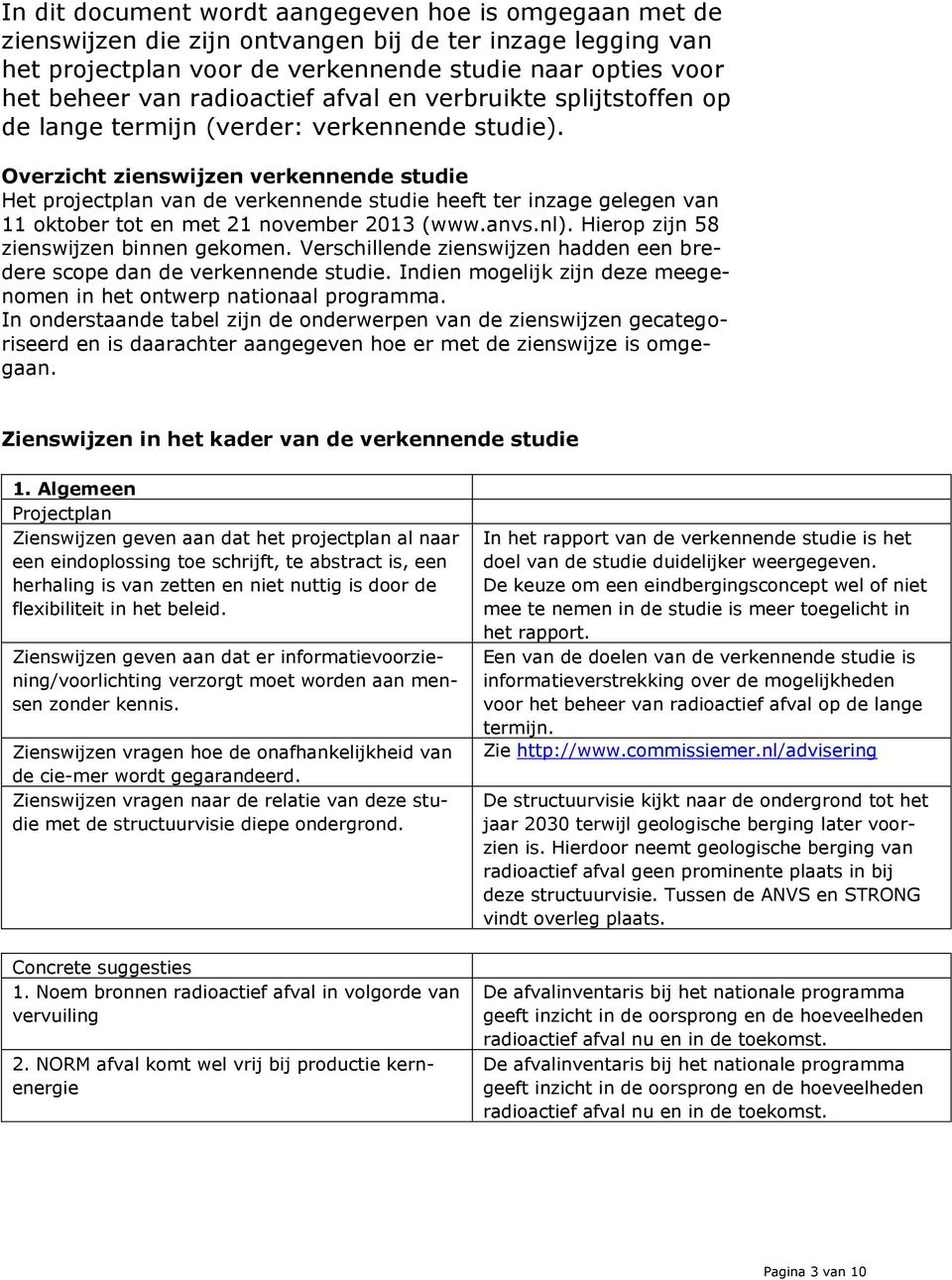 Overzicht zienswijzen verkennende studie Het projectplan van de verkennende studie heeft ter inzage gelegen van 11 oktober tot en met 21 november 2013 (www.anvs.nl).