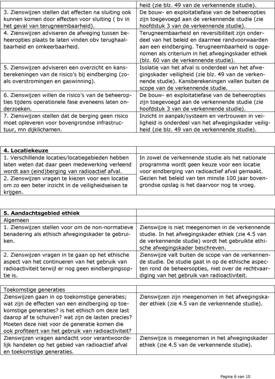 Zienswijzen adviseren een overzicht en kansberekeningen van de risico s bij eindberging (zoals overstromingen en gaswinning). 6.