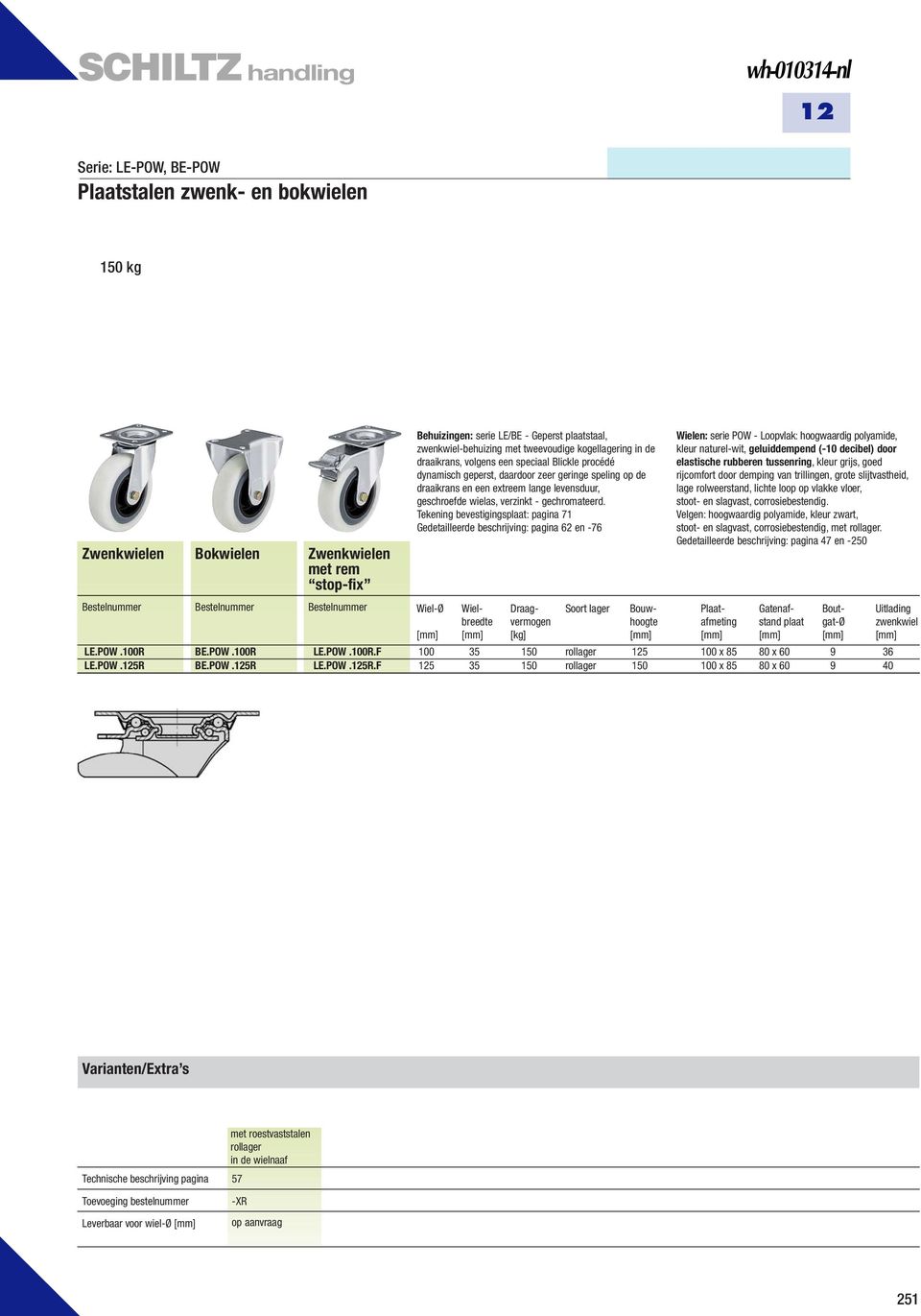 Wielen: serie POW - Loopvlak: hoogwaardig polyamide, kleur naturel-wit, geluiddempend (-10 decibel) door elastische rubberen tussenring, kleur grijs, goed rijcomfort door demping trillingen, grote