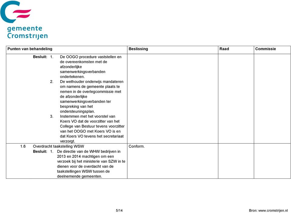 Instemmen met het voorstel van Koers VO dat de voorzitter van het College van Bestuur tevens voorzitter van het OOGO met Koers VO is en dat Koers VO tevens het secretariaat verzorgt. 1.