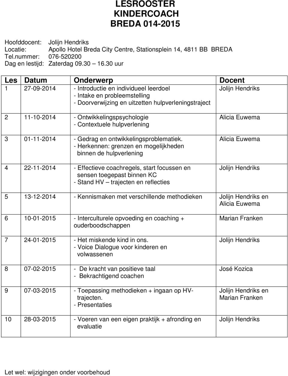 4 22-11-2014 - Effectieve coachregels, start focussen en 5 13-12-2014 - Kennismaken met verschillende methodieken en 6 10-01-2015 - Interculturele opvoeding en