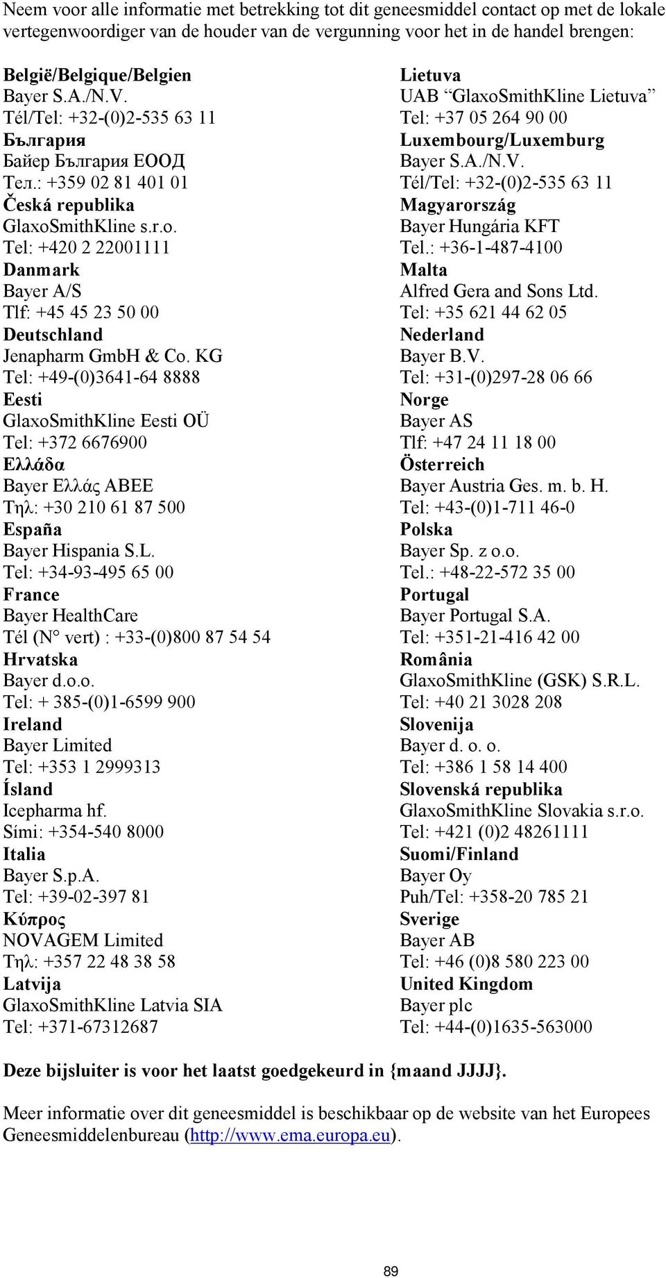 mithKline s.r.o. Tel: +420 2 22001111 Danmark Bayer A/S Tlf: +45 45 23 50 00 Deutschland Jenapharm GmbH & Co.