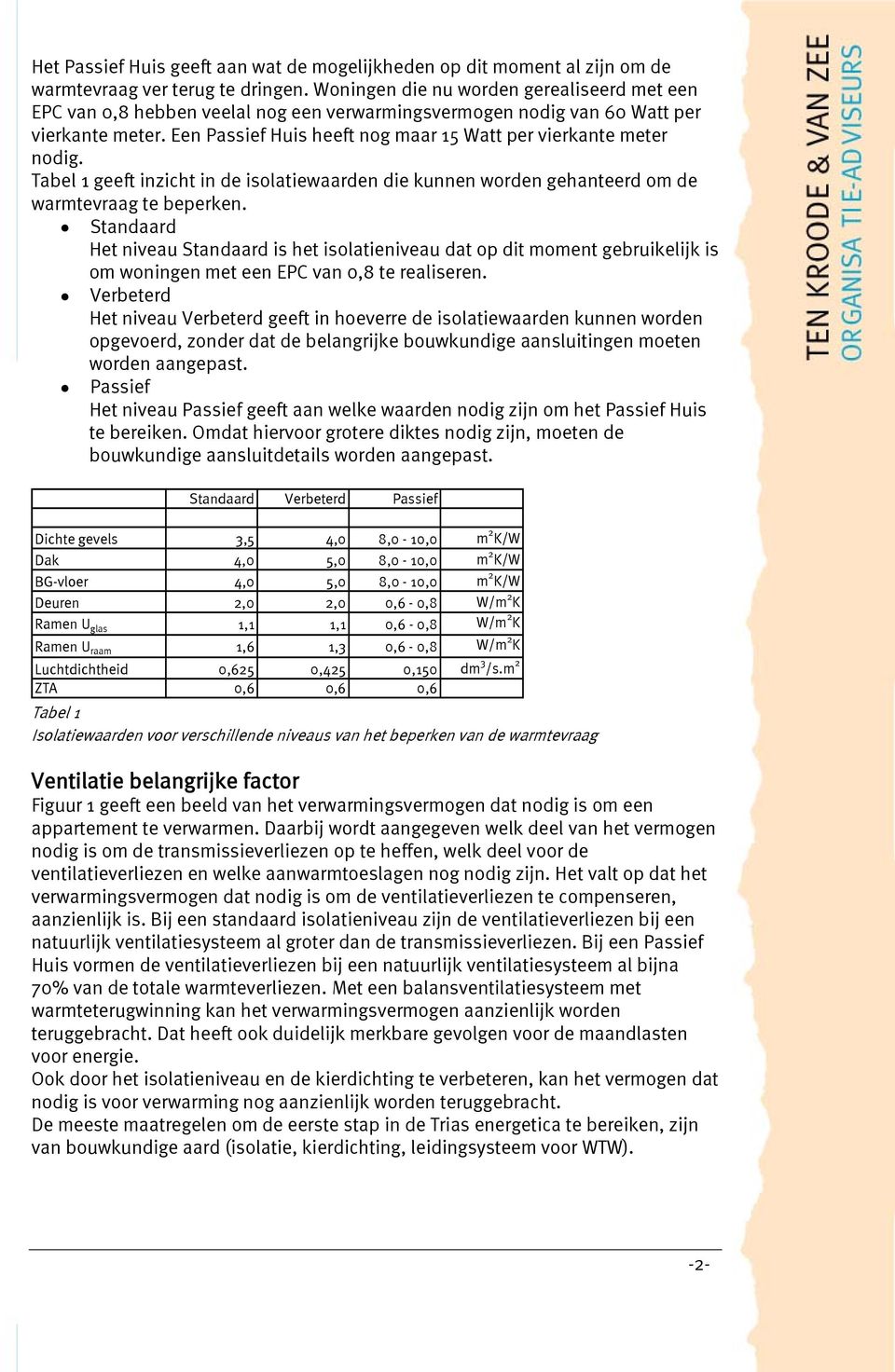 Een Passief Huis heeft nog maar 15 Watt per vierkante meter nodig. Tabel 1 geeft inzicht in de isolatiewaarden die kunnen worden gehanteerd om de warmtevraag te beperken.