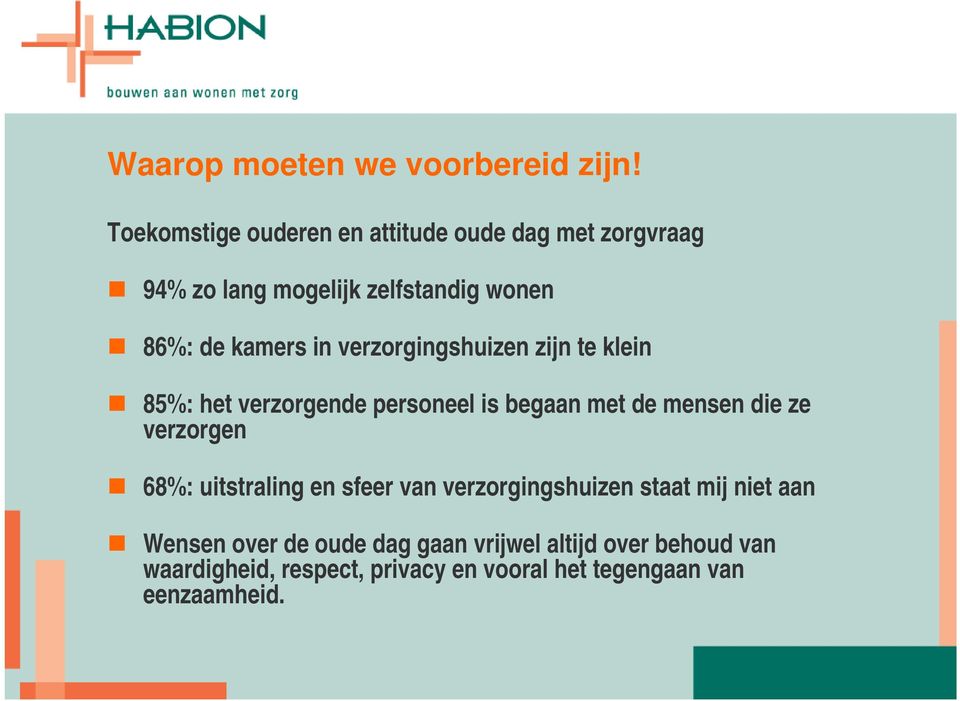 verzorgingshuizen zijn te klein 85%: het verzorgende personeel is begaan met de mensen die ze verzorgen 68%: