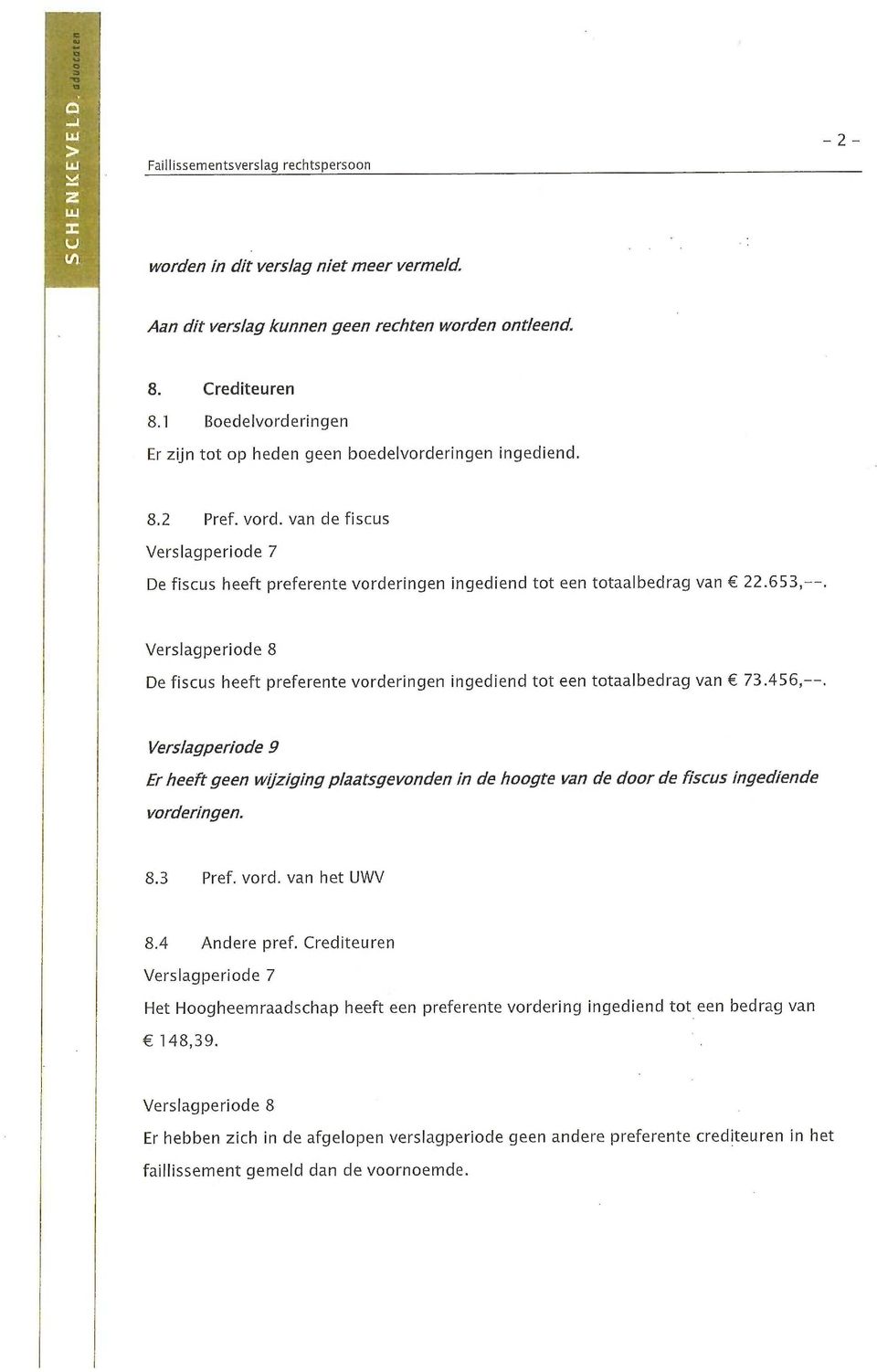 De fiscus heeft preferente vorderingen ingediend tot een totaalbedrag van 73.456,--. Er heeft geen wijziging plaatsgevonden in de hoogte van de door de fiscus ingediende vorderingen. 8.3 Pref. vord. van het UWV 8.