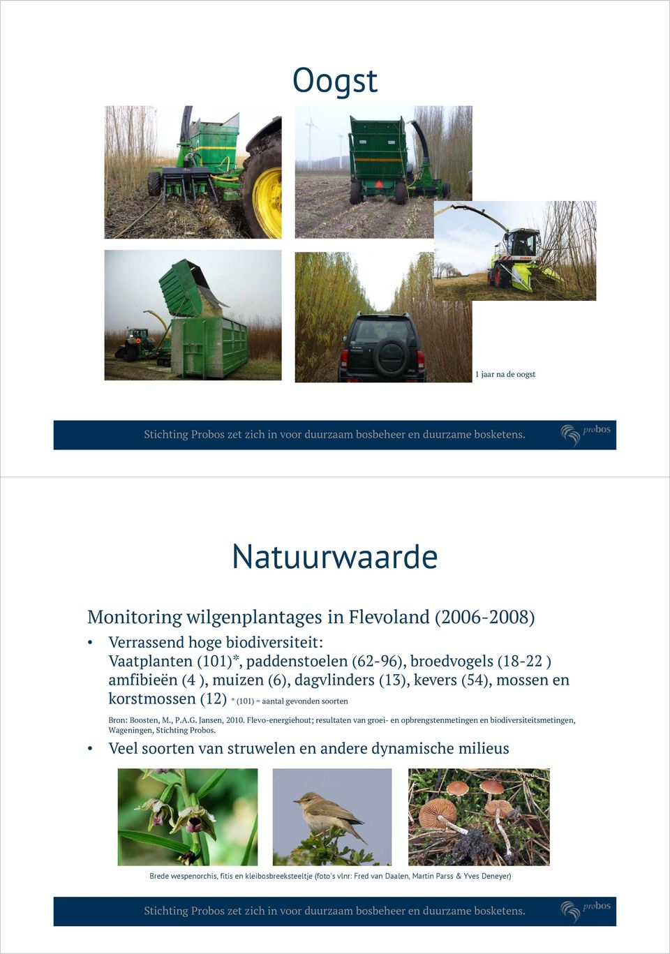 Boosten, M., P.A.G. Jansen, 2010. Flevo-energiehout; resultaten van groei- en opbrengstenmetingen en biodiversiteitsmetingen, Wageningen, Stichting Probos.