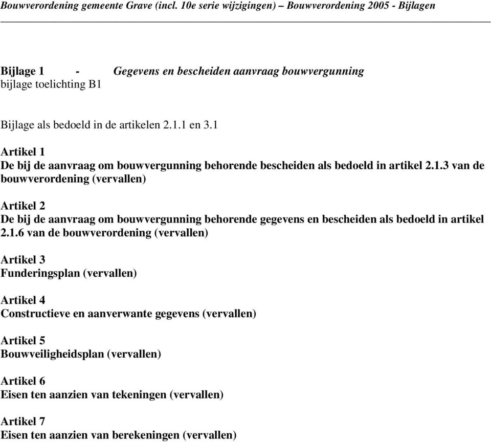 1.6 van de bouwverordening (vervallen) Artikel 3 Funderingsplan (vervallen) Artikel 4 Constructieve en aanverwante gegevens (vervallen) Artikel 5