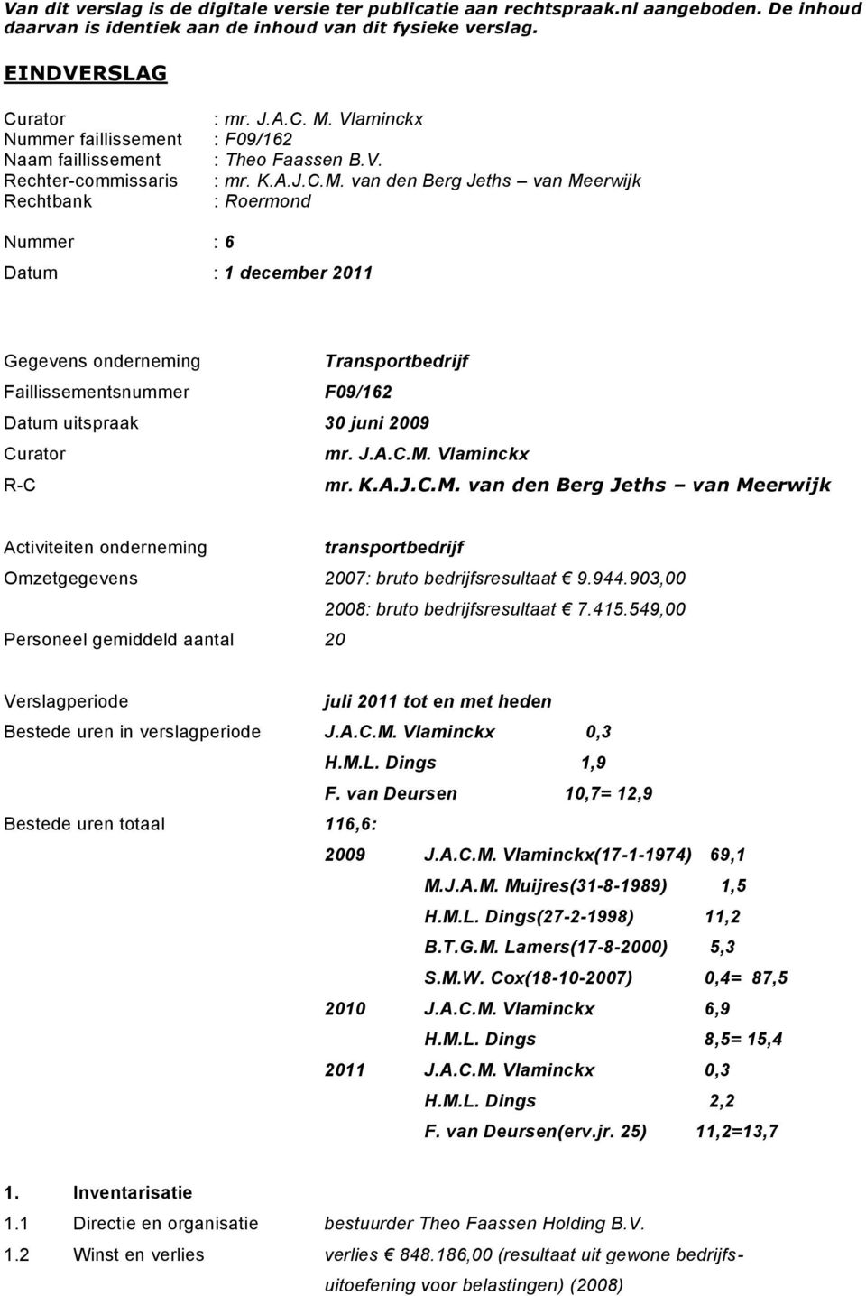 van den Berg Jeths van Meerwijk Rechtbank : Roermond Nummer : 6 Datum : 1 december 2011 Gegevens onderneming Transportbedrijf Faillissementsnummer F09/162 Datum uitspraak 30 juni 2009 Curator mr. J.A.