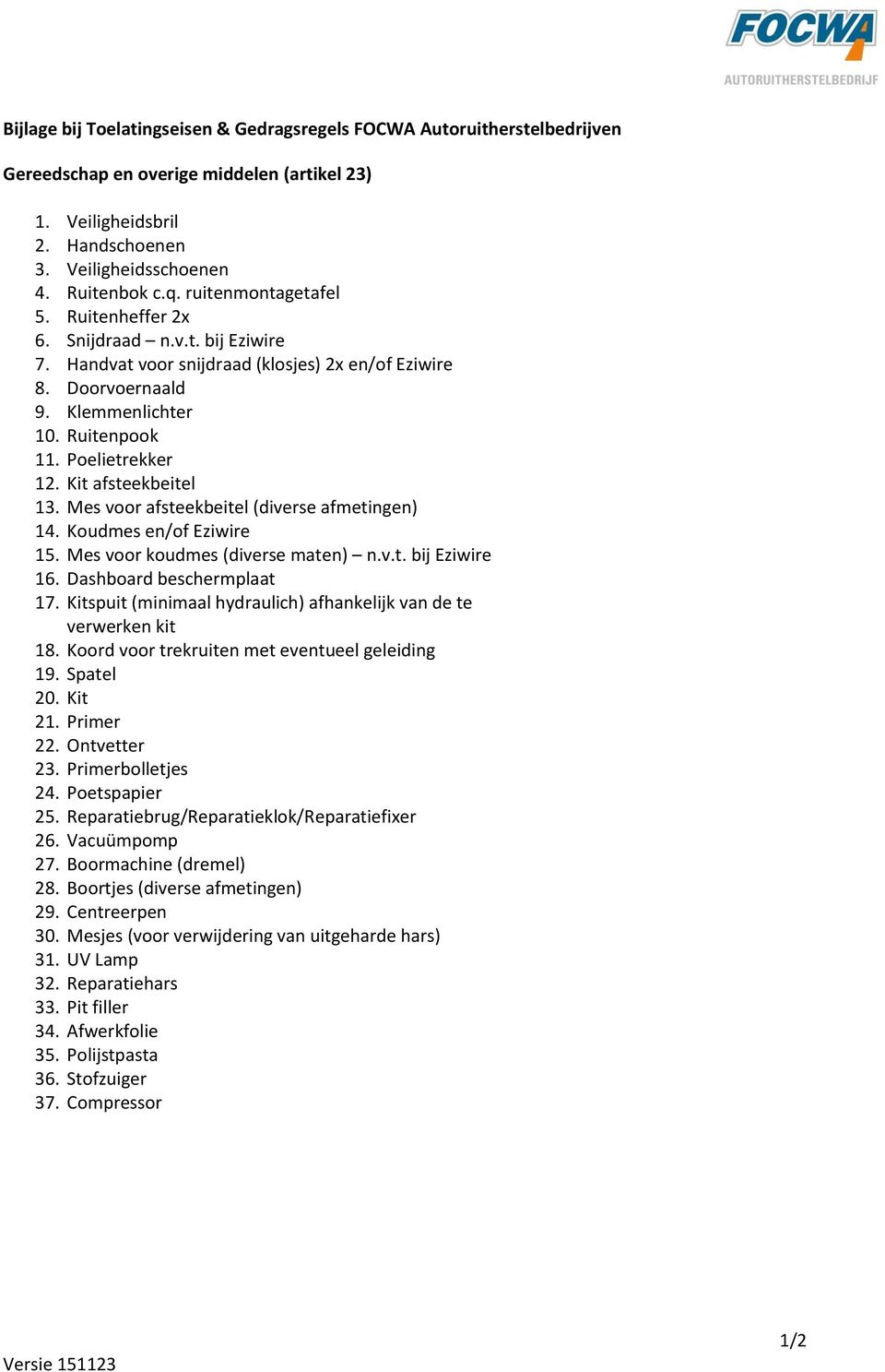 Kit afsteekbeitel 13. Mes voor afsteekbeitel (diverse afmetingen) 14. Koudmes en/of Eziwire 15. Mes voor koudmes (diverse maten) n.v.t. bij Eziwire 16. Dashboard beschermplaat 17.