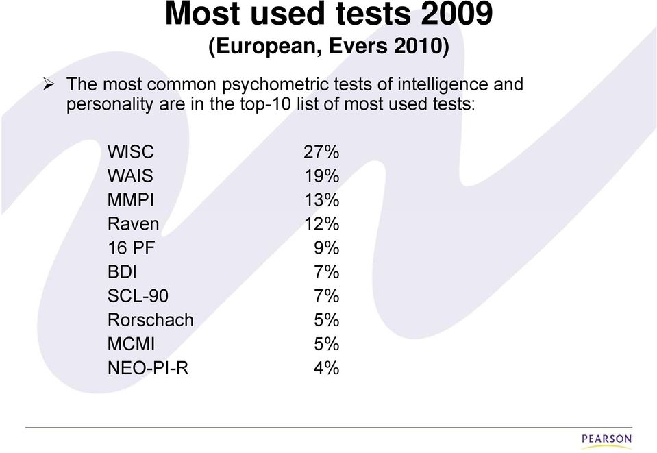 top-10 list of most used tests: WISC 27% WAIS 19% MMPI 13%