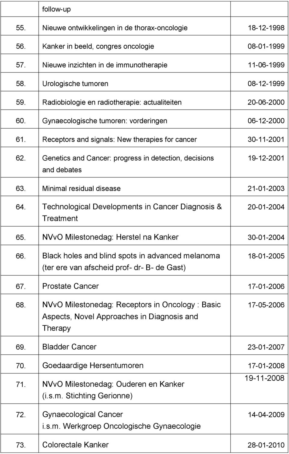 Receptors and signals: New therapies for cancer 30-11-2001 62. Genetics and Cancer: progress in detection, decisions and debates 19-12-2001 63. Minimal residual disease 21-01-2003 64.