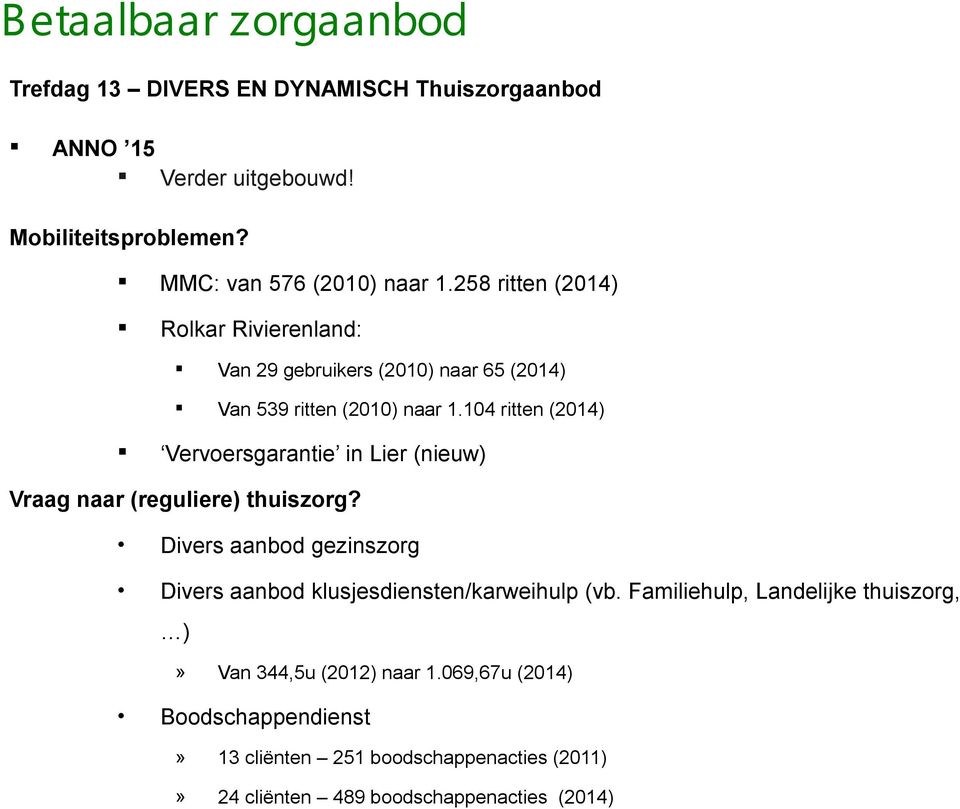104 ritten (2014) Vervoersgarantie in Lier (nieuw) Vraag naar (reguliere) thuiszorg?