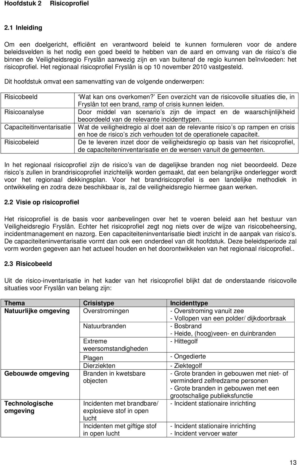 binnen de Veiligheidsregio Fryslân aanwezig zijn en van buitenaf de regio kunnen beïnvloeden: het risicoprofiel. Het regionaal risicoprofiel Fryslân is op 10 november 2010 vastgesteld.