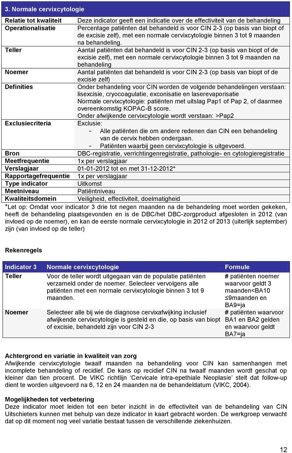 Teller Aantal patiënten dat behandeld is voor CIN 2-3 (op basis van biopt of de excisie zelf), met een normale cervixcytologie binnen 3 tot 9 maanden na behandeling Noemer Aantal patiënten dat