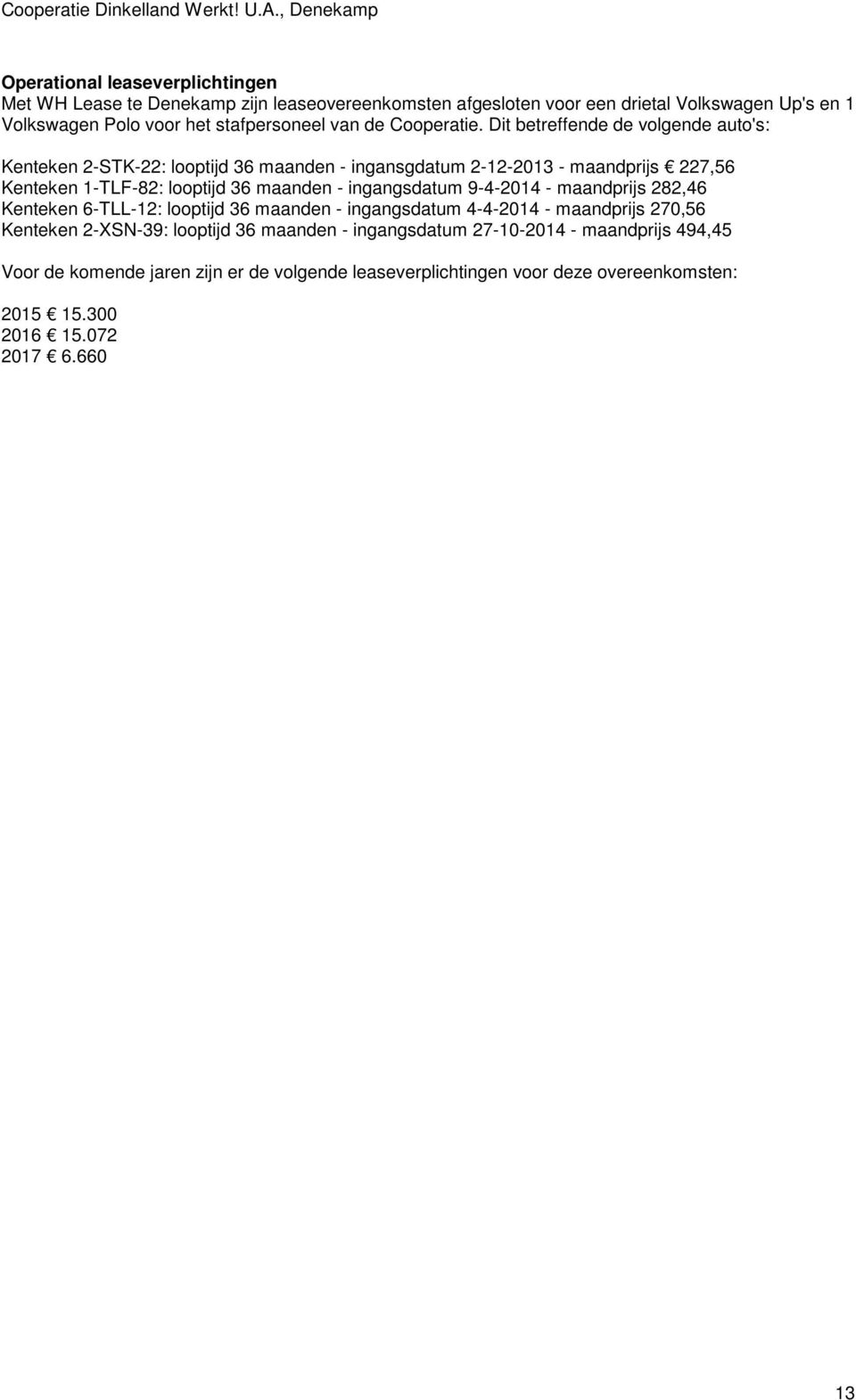 Dit betreffende de volgende auto's: Kenteken 2-STK-22: looptijd 36 maanden - ingansgdatum 2-12-2013 - maandprijs 227,56 Kenteken 1-TLF-82: looptijd 36 maanden -