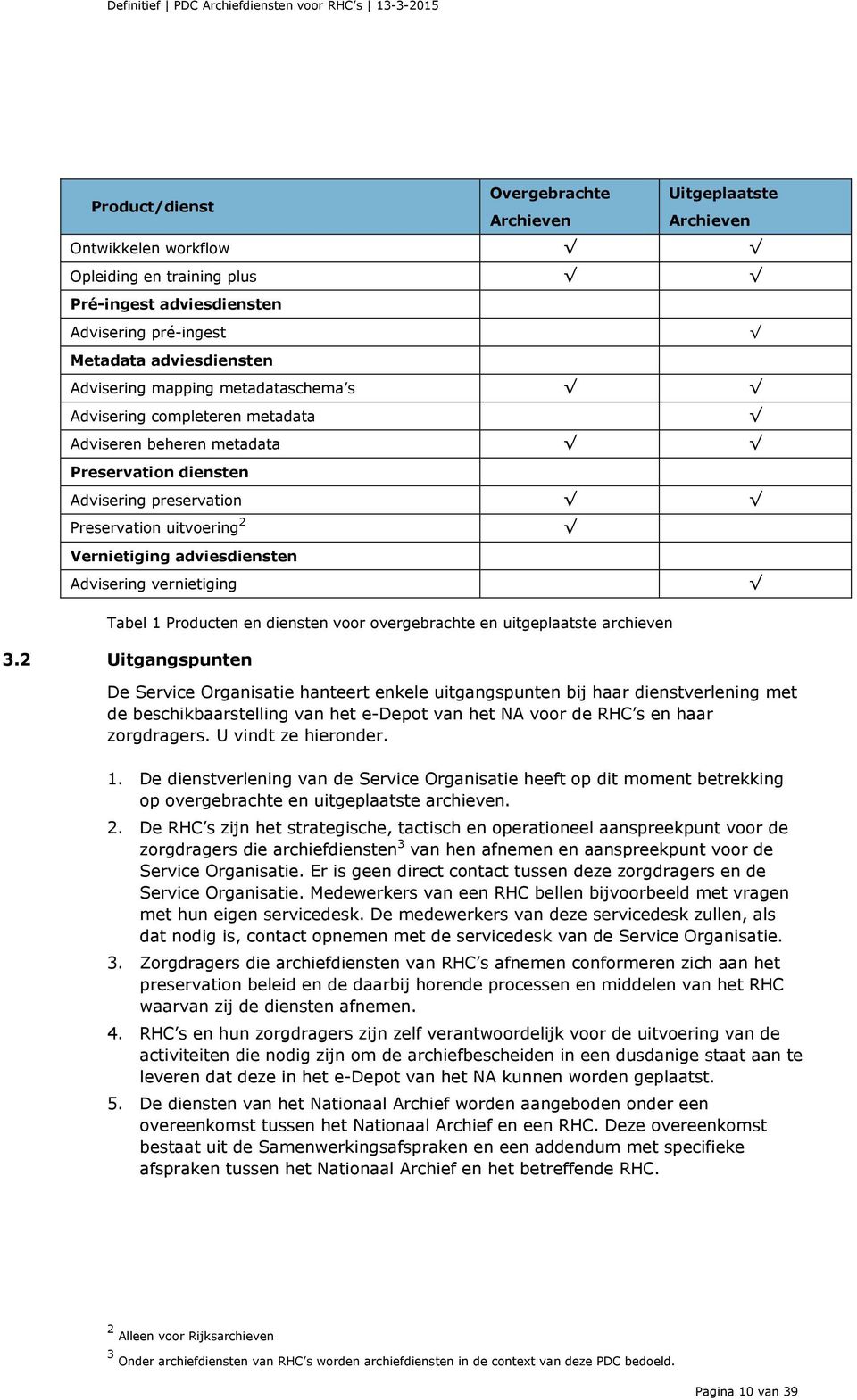 vernietiging Tabel 1 Producten en diensten voor overgebrachte en uitgeplaatste archieven 3.