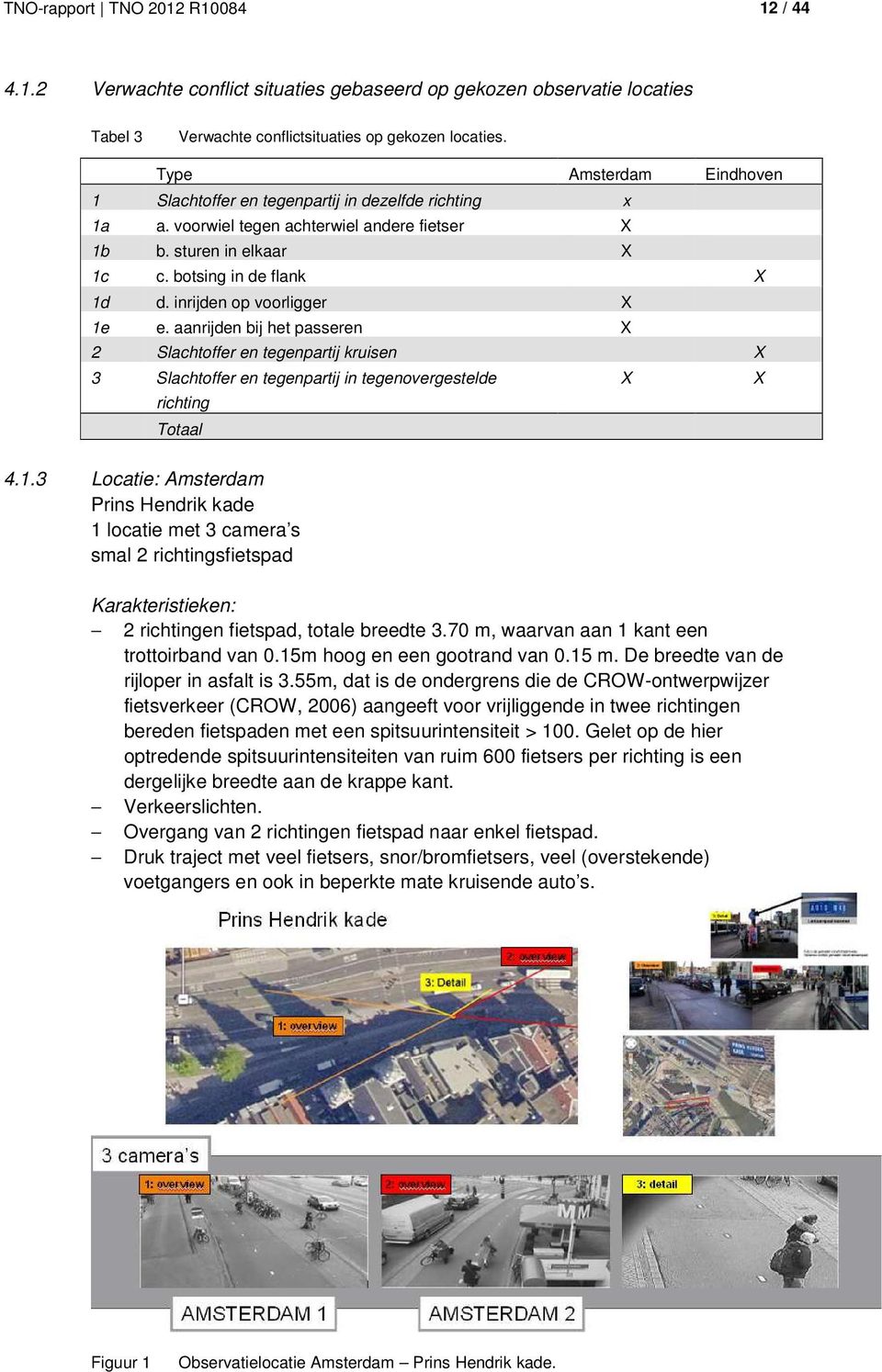 inrijden op voorligger X 1e e. aanrijden bij het passeren X 2 Slachtoffer en tegenpartij kruisen X 3 Slachtoffer en tegenpartij in tegenovergestelde richting Totaal 4.1.3 Locatie: Amsterdam Prins Hendrik kade 1 locatie met 3 camera s smal 2 richtingsfietspad Karakteristieken: 2 richtingen fietspad, totale breedte 3.