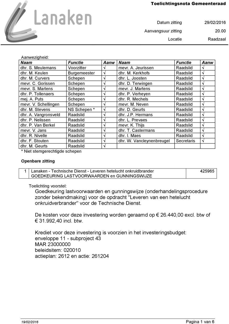 P. Tollenaers Schepen dhr. P. Verheyen Raadslid mej. A. Puts Schepen dhr. R. Mechels Raadslid mevr. V. Schellingen Schepen mevr. M. Neven Raadslid dhr. M. Stevens NS Schepen * dhr. D.