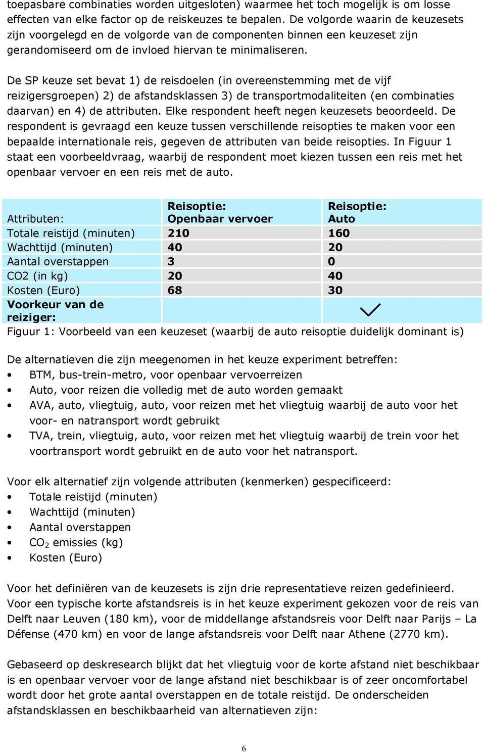 De SP keuze set bevat 1) de reisdoelen (in overeenstemming met de vijf reizigersgroepen) 2) de afstandsklassen 3) de transportmodaliteiten (en combinaties daarvan) en 4) de attributen.