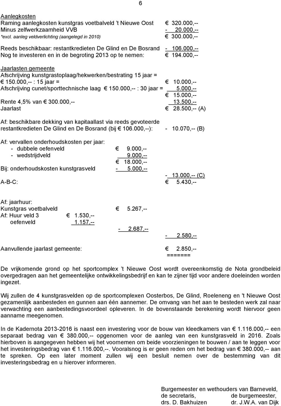 000,-- Jaarlasten gemeente Afschrijving kunstgrastoplaag/hekwerken/bestrating 15 jaar = 150.000,-- : 15 jaar = 10.000,-- Afschrijving cunet/sporttechnische laag 150.000,-- : 30 jaar = 5.000,-- 15.