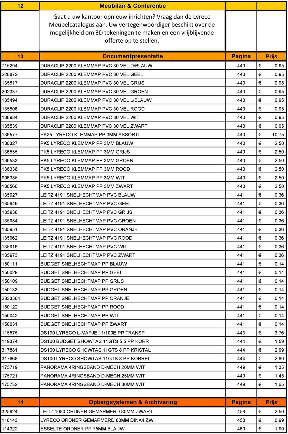 13 Documentpresentatie Pagina Prijs 715294 DURACLIP 2200 KLEMMAP PVC 30 VEL D/BLAUW 440 0,95 228872 DURACLIP 2200 KLEMMAP PVC 30 VEL GEEL 440 0,95 135517 DURACLIP 2200 KLEMMAP PVC 30 VEL GRIJS 440
