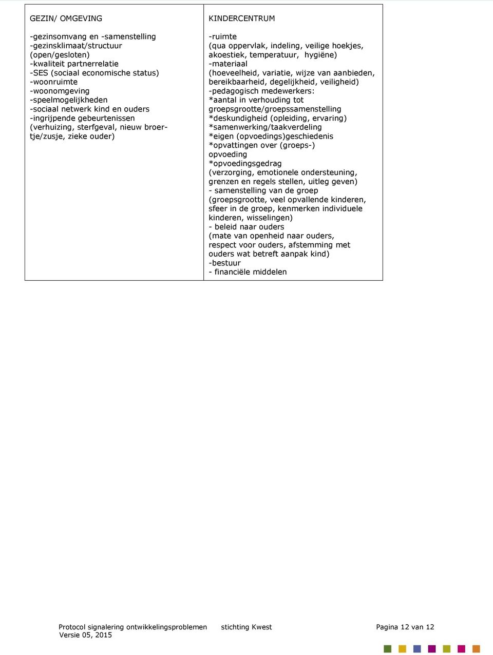 temperatuur, hygiëne) -materiaal (hoeveelheid, variatie, wijze van aanbieden, bereikbaarheid, degelijkheid, veiligheid) -pedagogisch medewerkers: *aantal in verhouding tot