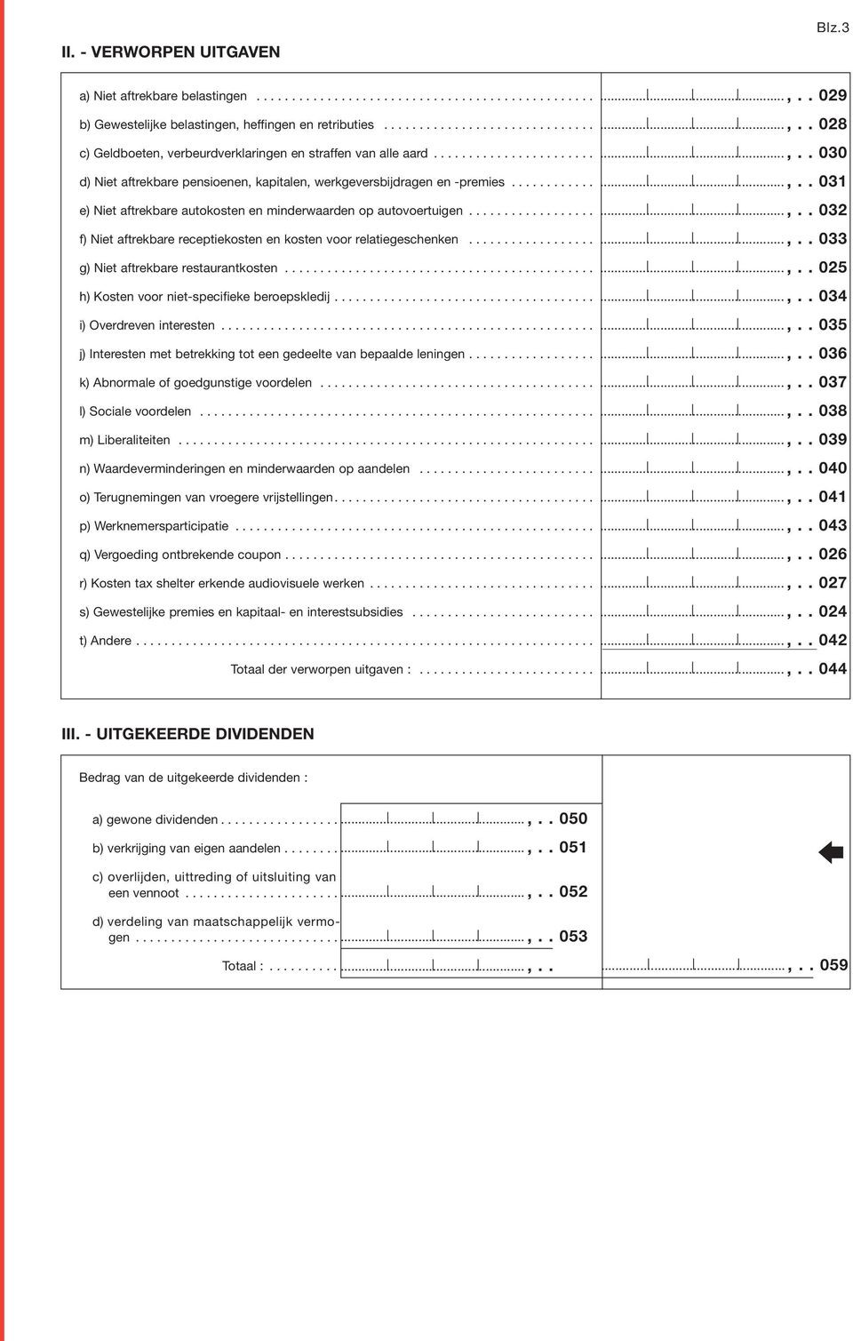 ........... e) Niet aftrekbare autokosten en minderwaarden op autovoertuigen.................. f) Niet aftrekbare receptiekosten en kosten voor relatiegeschenken.................. g) Niet aftrekbare restaurantkosten.