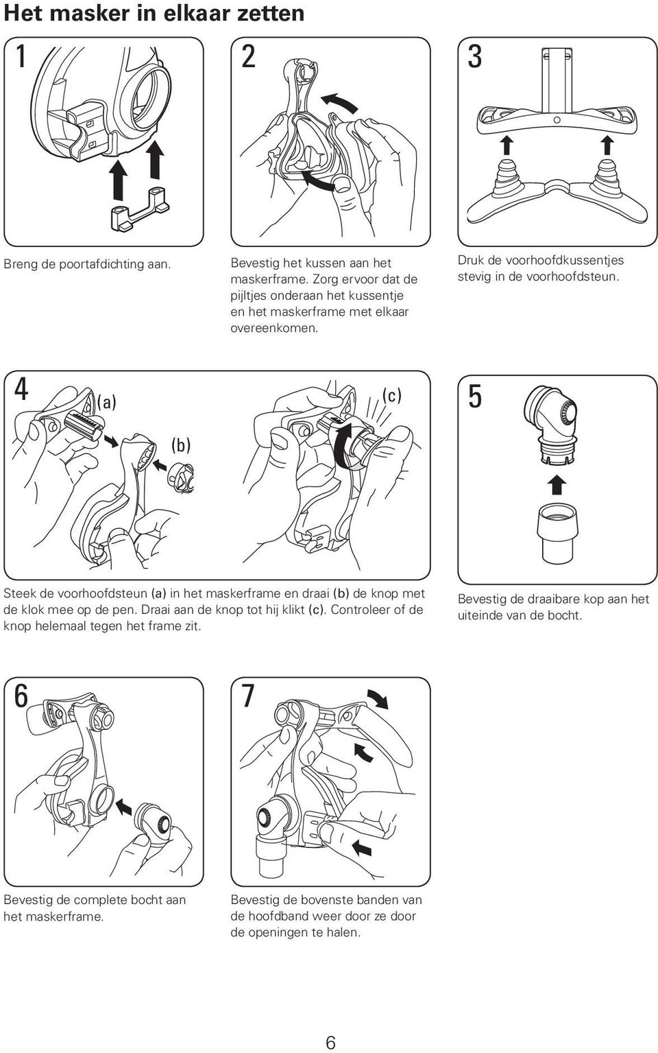 4 (a) (c) 5 (b) Steek de voorhoofdsteun (a) in het maskerframe en draai (b) de knop met de klok mee op de pen. Draai aan de knop tot hij klikt (c).