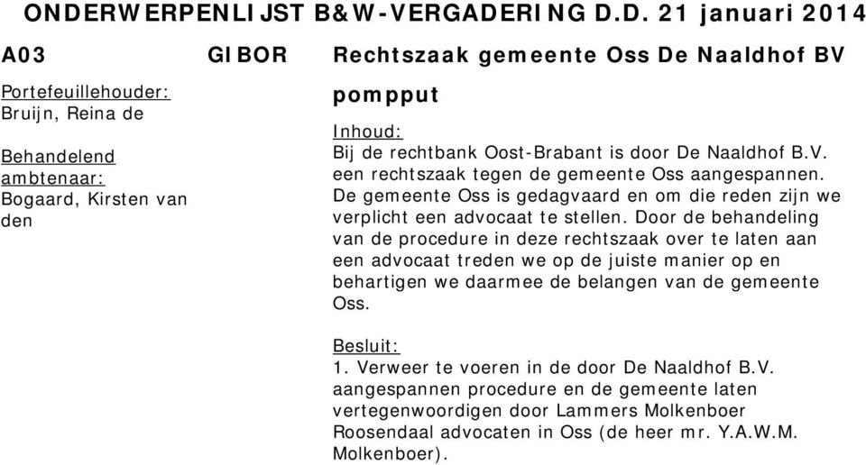 Door de behandeling van de procedure in deze rechtszaak over te laten aan een advocaat treden we op de juiste manier op en behartigen we daarmee de belangen van de gemeente Oss.