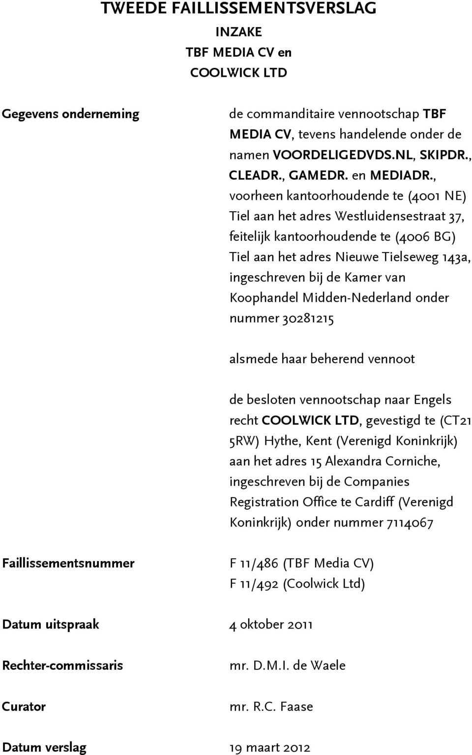 , voorheen kantoorhoudende te (4001 NE) Tiel aan het adres Westluidensestraat 37, feitelijk kantoorhoudende te (4006 BG) Tiel aan het adres Nieuwe Tielseweg 143a, ingeschreven bij de Kamer van