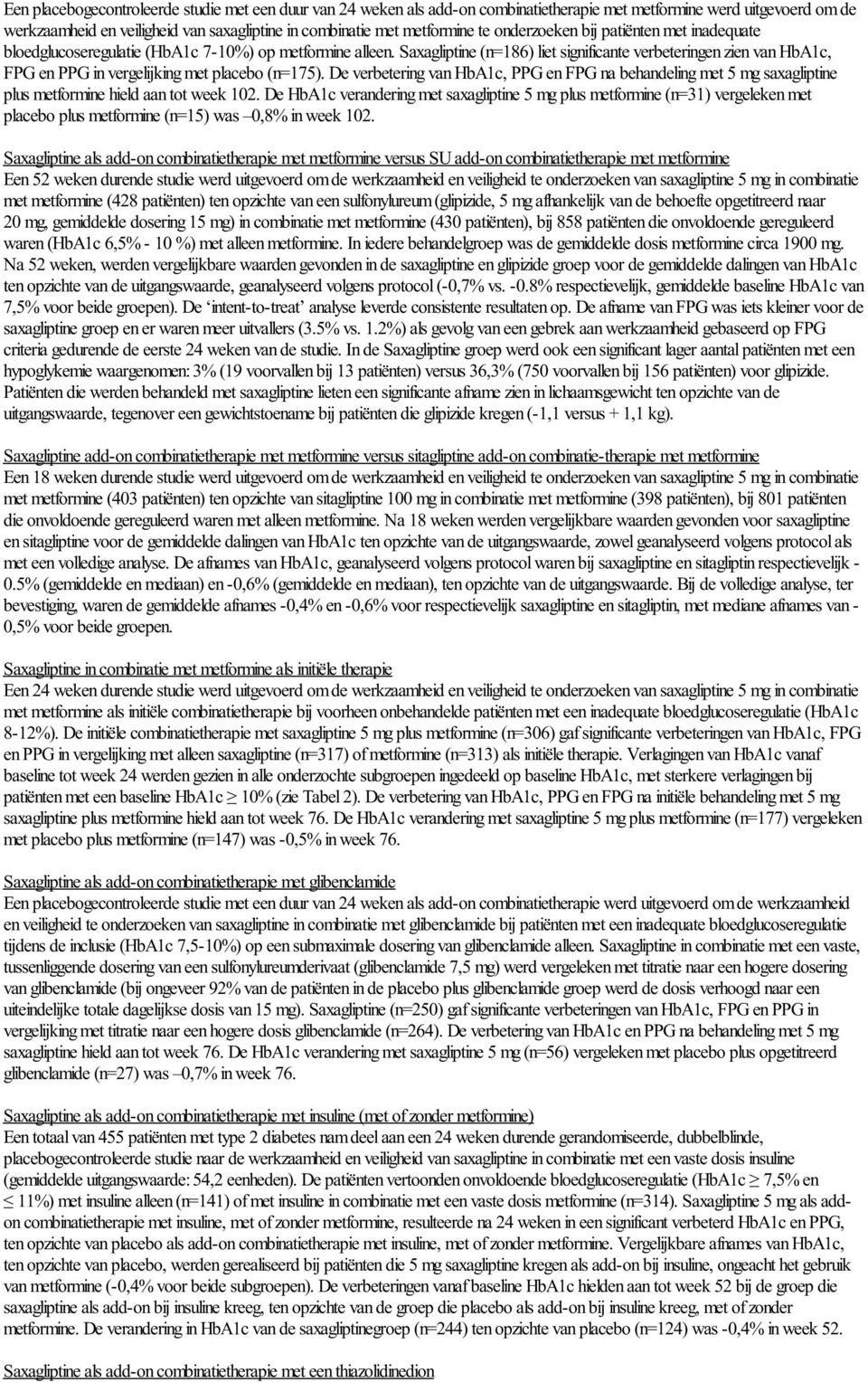 Saxagliptine (n=186) liet significante verbeteringen zien van HbA1c, FPG en PPG in vergelijking met placebo (n=175).