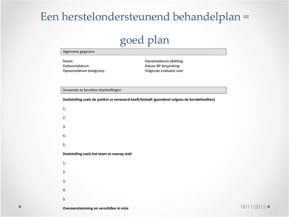 delstellingen Delstelling zals de patiënt ze verwrd heeft/beleeft (gerdend vlgens de kernbeheften)