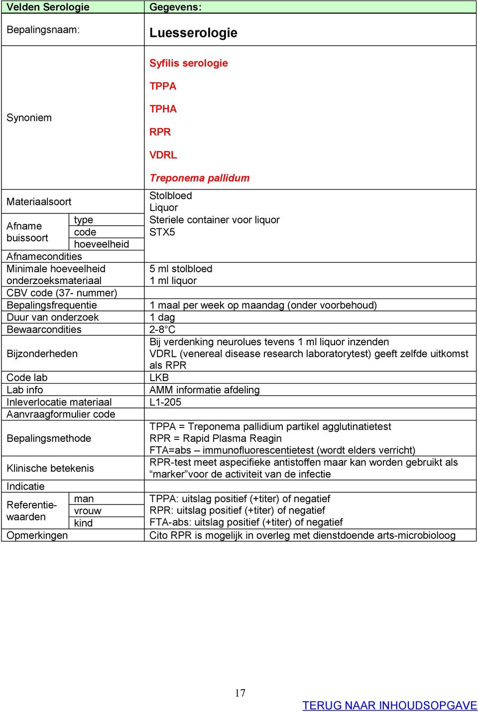 partikel agglutinatietest RPR = Rapid Plasma Reagin FTA=abs immunofluorescentietest (wordt elders verricht) man Referentiewaarden vrouw kind RPR-test meet aspecifieke antistoffen maar kan worden