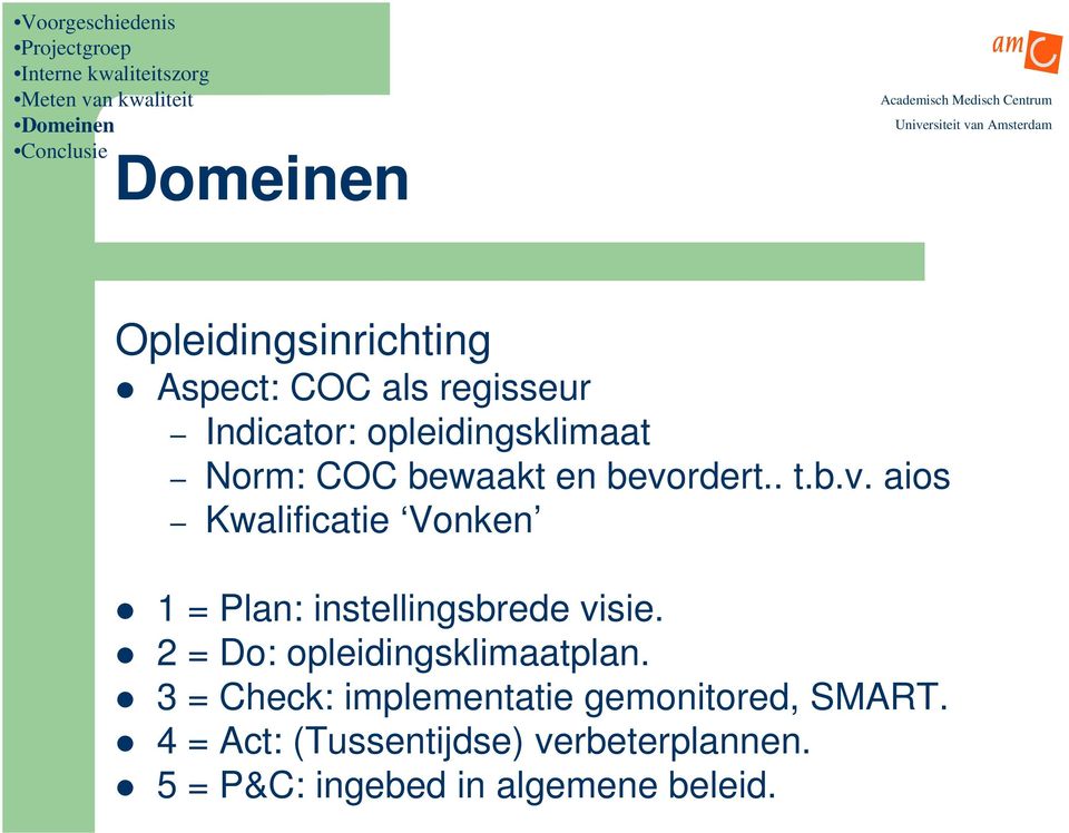 2 = Do: opleidingsklimaatplan. 3 = Check: implementatie gemonitored, SMART.