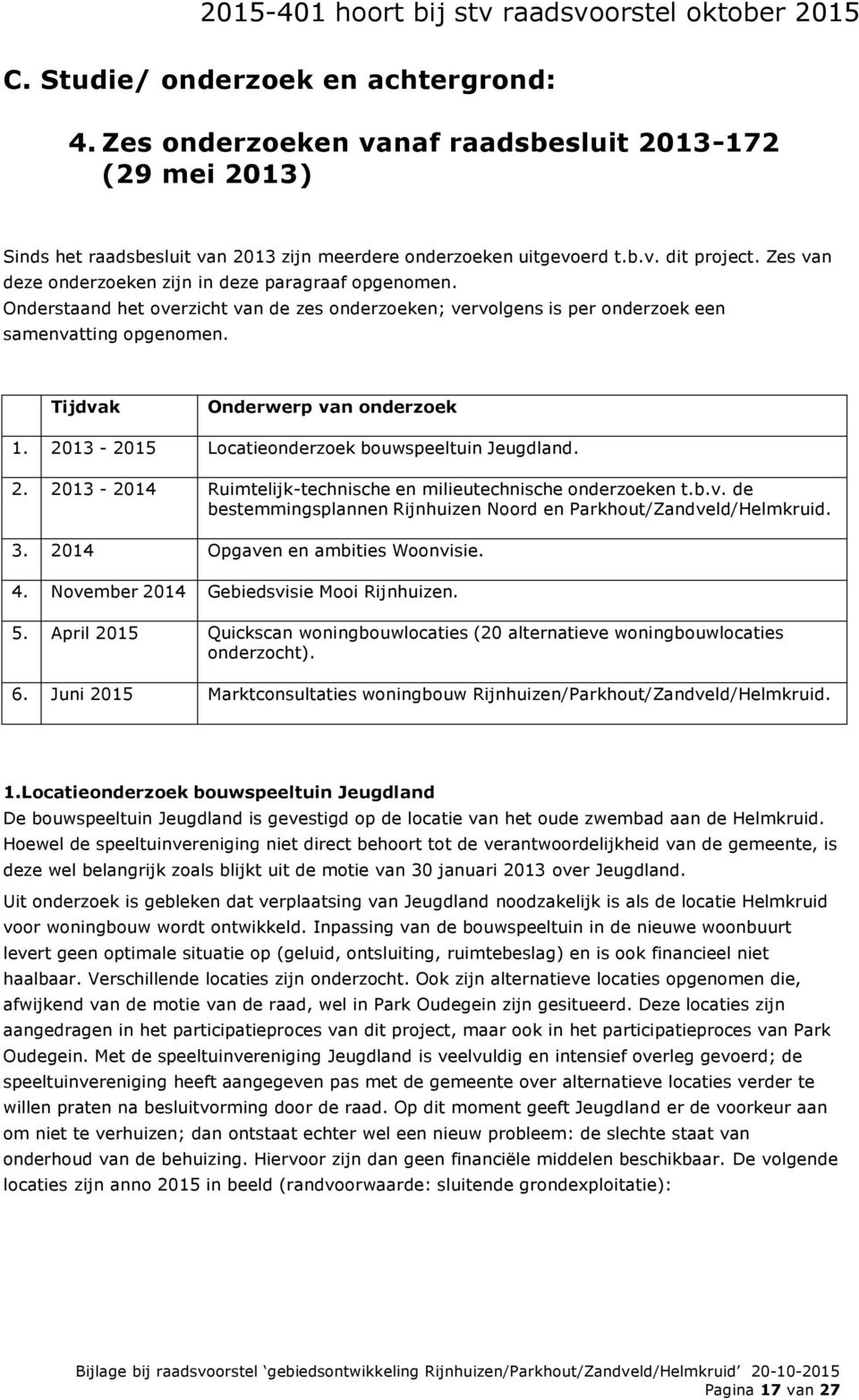 2013-2015 Locatieonderzoek bouwspeeltuin Jeugdland. 2. 2013-2014 Ruimtelijk-technische en milieutechnische onderzoeken t.b.v. de bestemmingsplannen Rijnhuizen Noord en Parkhout/Zandveld/Helmkruid. 3.