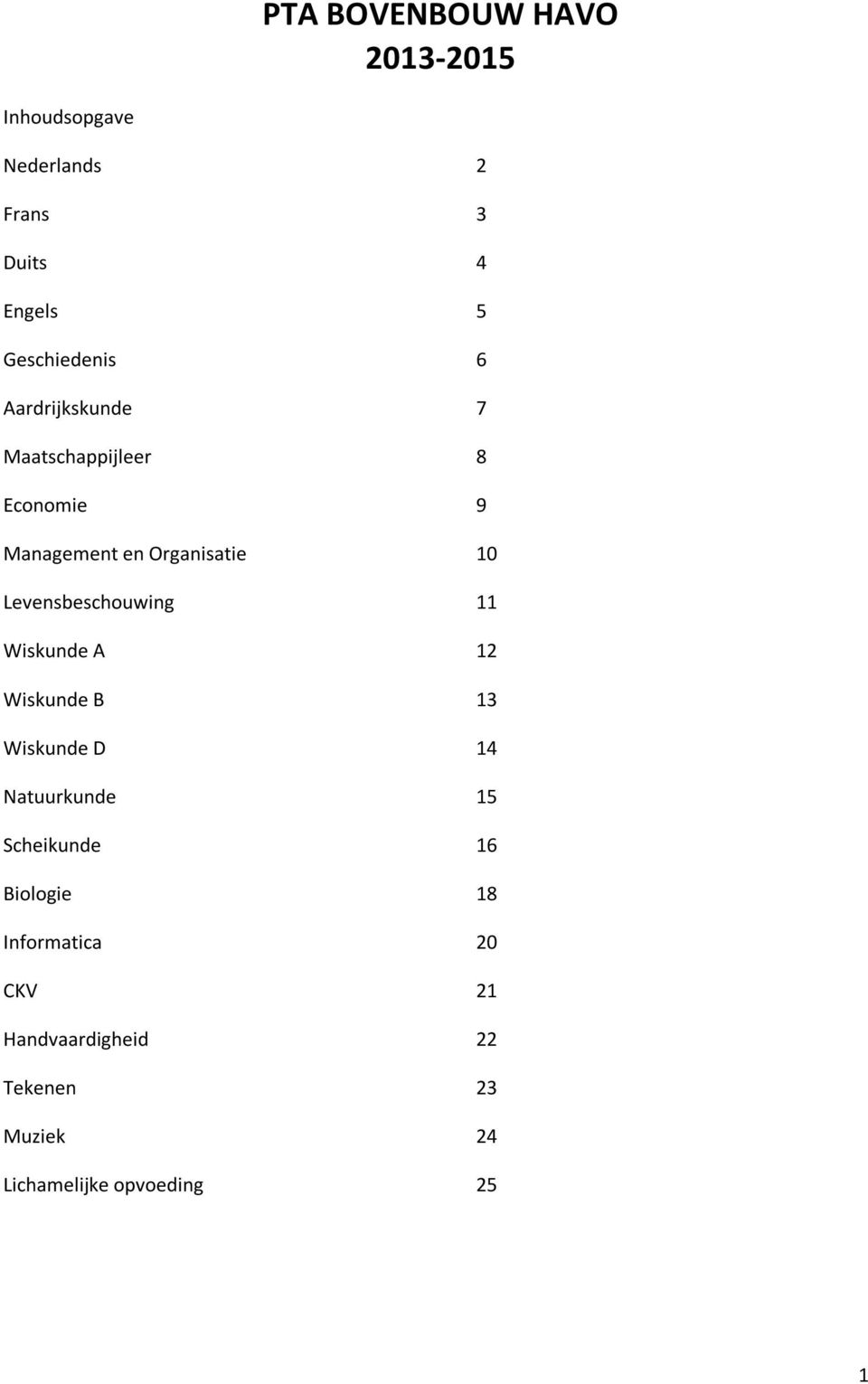 Wiskunde A 12 Wiskunde B 13 Wiskunde D 14 Natuurkunde 15 Scheikunde 16 Biologie 18