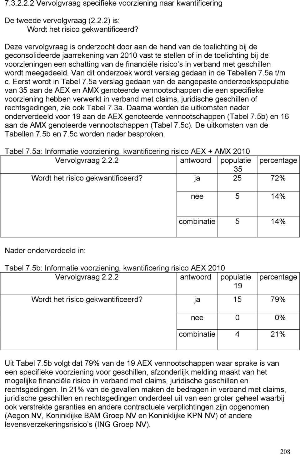 financiële risico s in verband met geschillen wordt meegedeeld. Van dit onderzoek wordt verslag gedaan in de Tabellen 7.5a t/m c. Eerst wordt in Tabel 7.