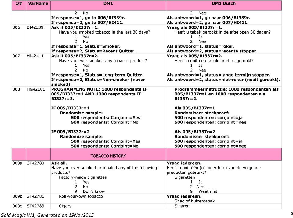 If response=2, Status=Non-smoker (never smoked). 008 HG42101 PROGRAMMING NOTE: 1000 respondents IF 005/BI337r=1 AND 1000 respondents IF BI337r=2.