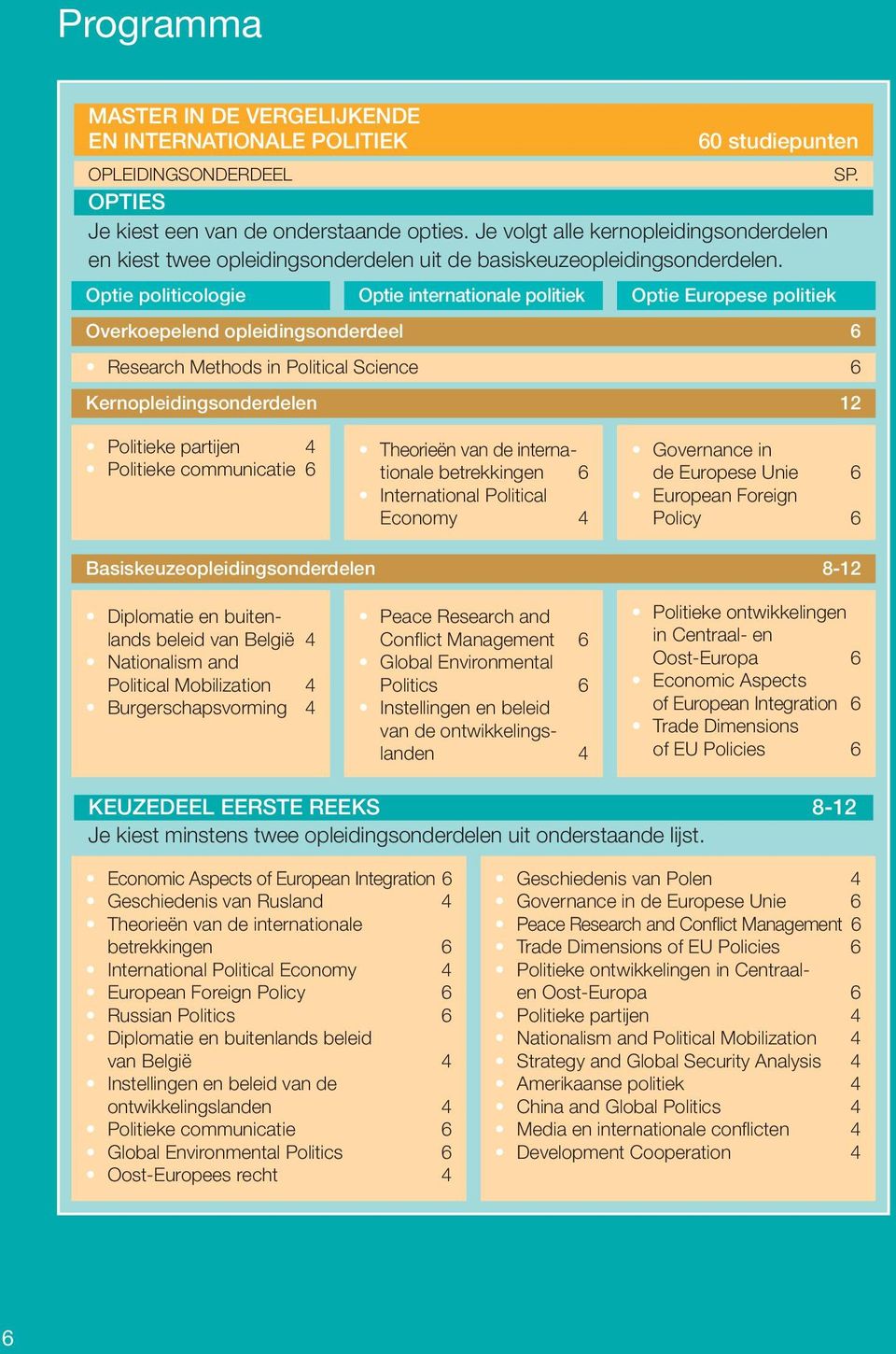 Optie politicologie Optie internationale politiek Optie Europese politiek Overkoepelend opleidingsonderdeel 6 Research Methods in Political Science 6 Kernopleidingsonderdelen 12 Politieke partijen 4