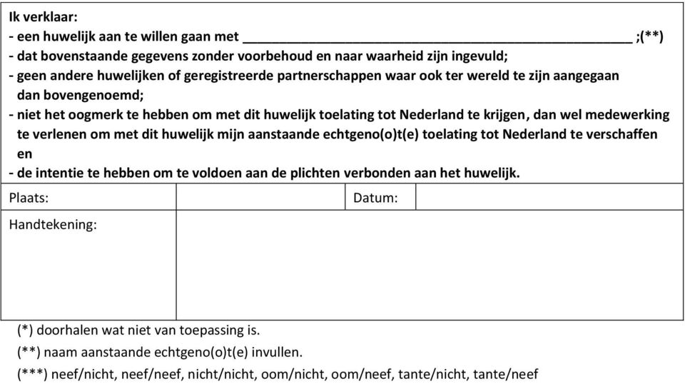 verlenen om met dit huwelijk mijn aanstaande echtgeno(o)t(e) toelating tot Nederland te verschaffen en - de intentie te hebben om te voldoen aan de plichten verbonden aan het huwelijk.