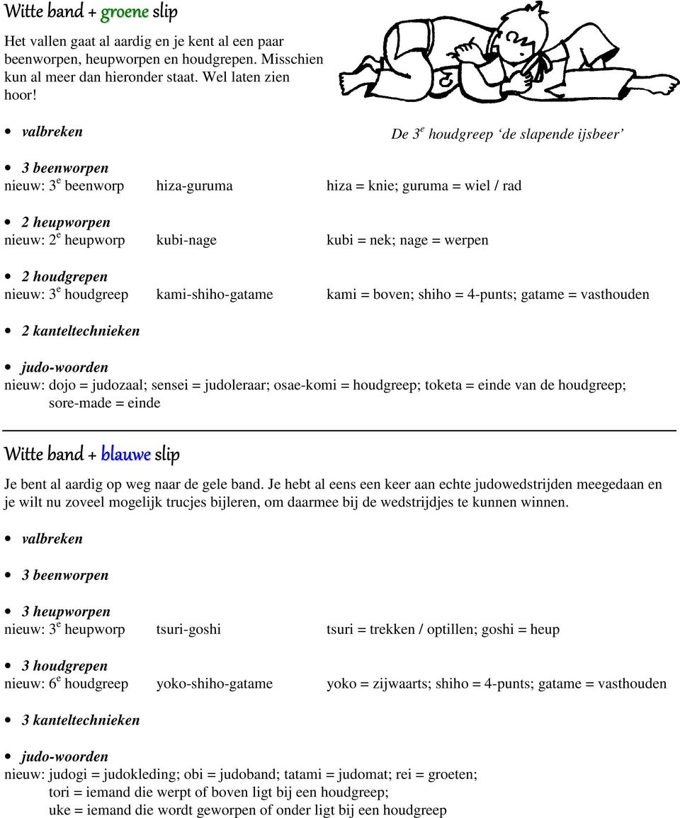 houdgrepen nieuw: 3 e houdgreep kami-shiho-gatame kami = boven; shiho = 4-punts; gatame = vasthouden 2 kanteltechnieken judo-woorden nieuw: dojo = judozaal; sensei = judoleraar; osae-komi =
