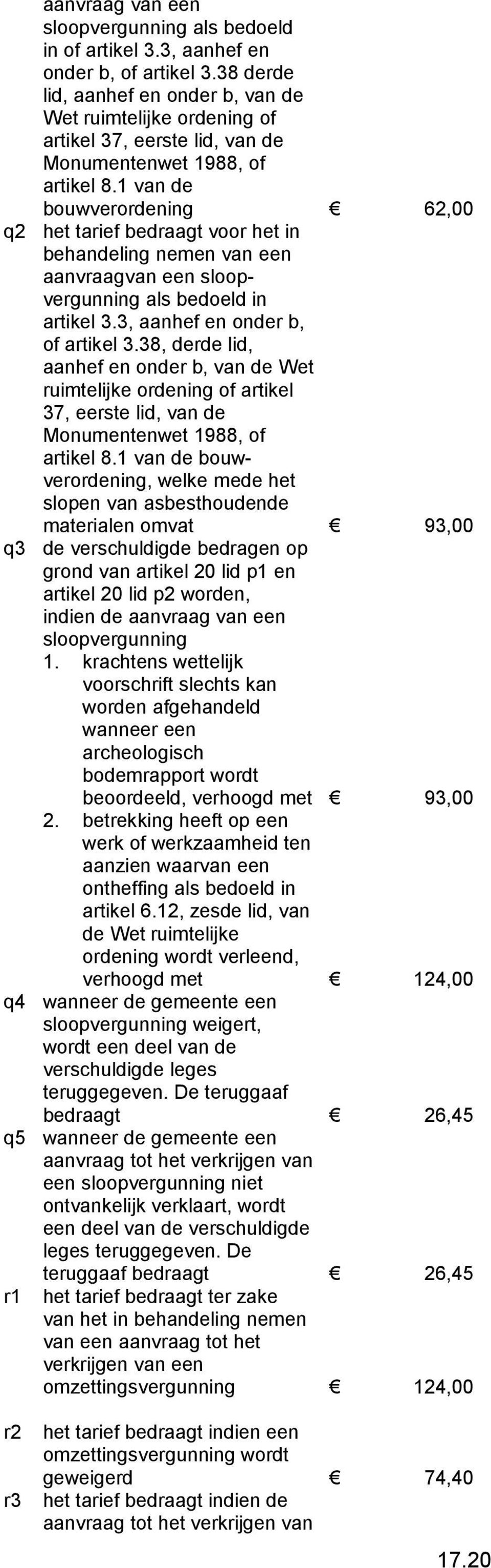 1 van de bouwverordening 62,00 het tarief bedraagt voor het in aanvraagvan een sloopvergunning als bedoeld in artikel 3.3, aanhef en onder b, of artikel 3.