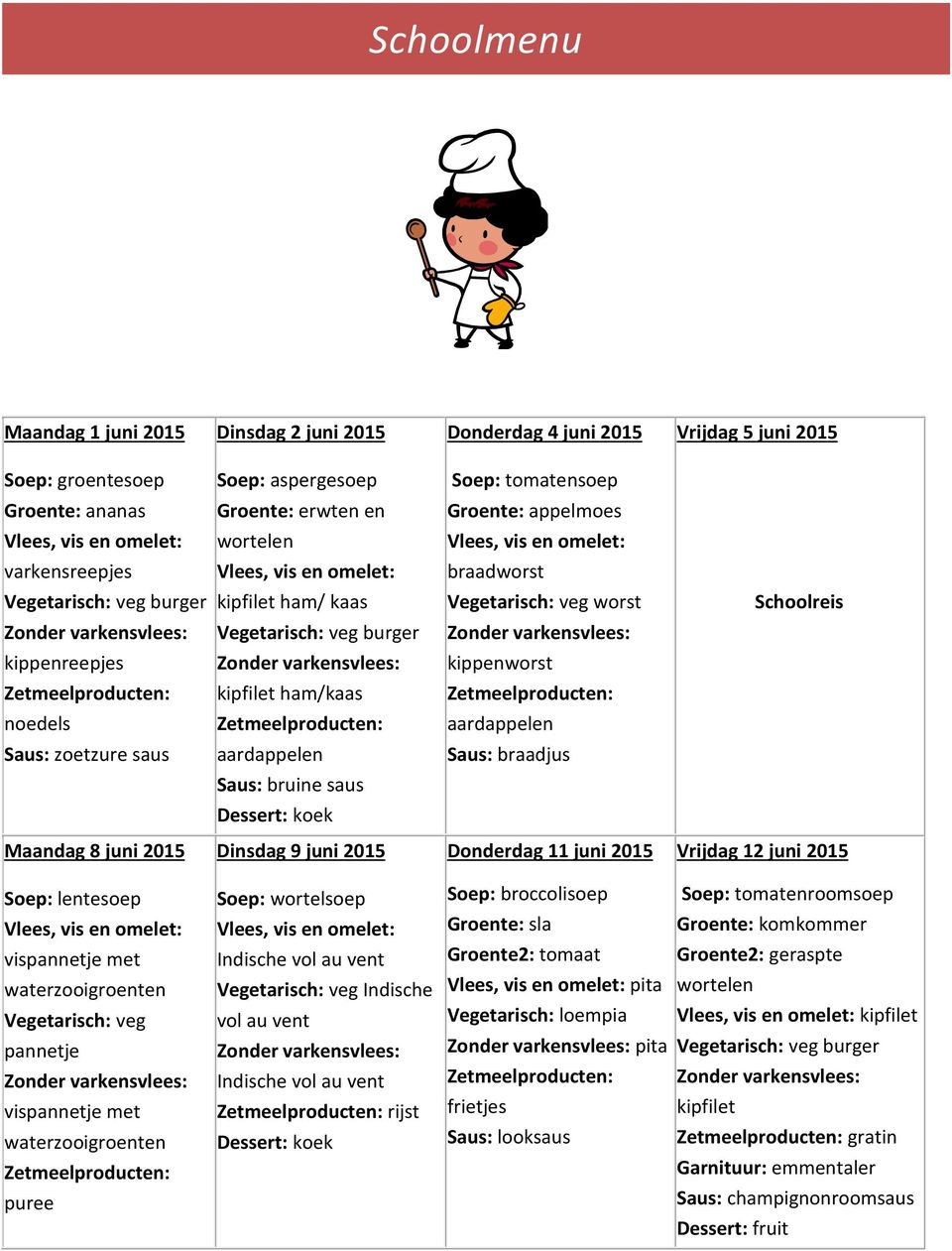 aardappelen Saus: zoetzure saus aardappelen Saus: braadjus Saus: bruine saus Dessert: koek Maandag 8 juni 2015 Dinsdag 9 juni 2015 Donderdag 11 juni 2015 Vrijdag 12 juni 2015 Soep: lentesoep