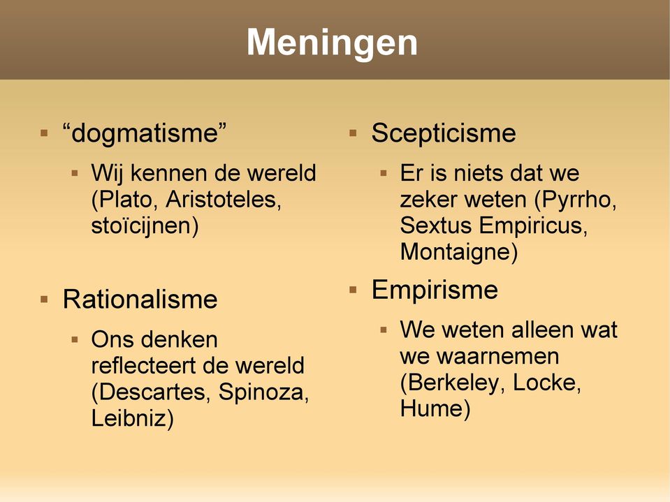 Montaigne) Rationalisme Ons denken reflecteert de wereld (Descartes,