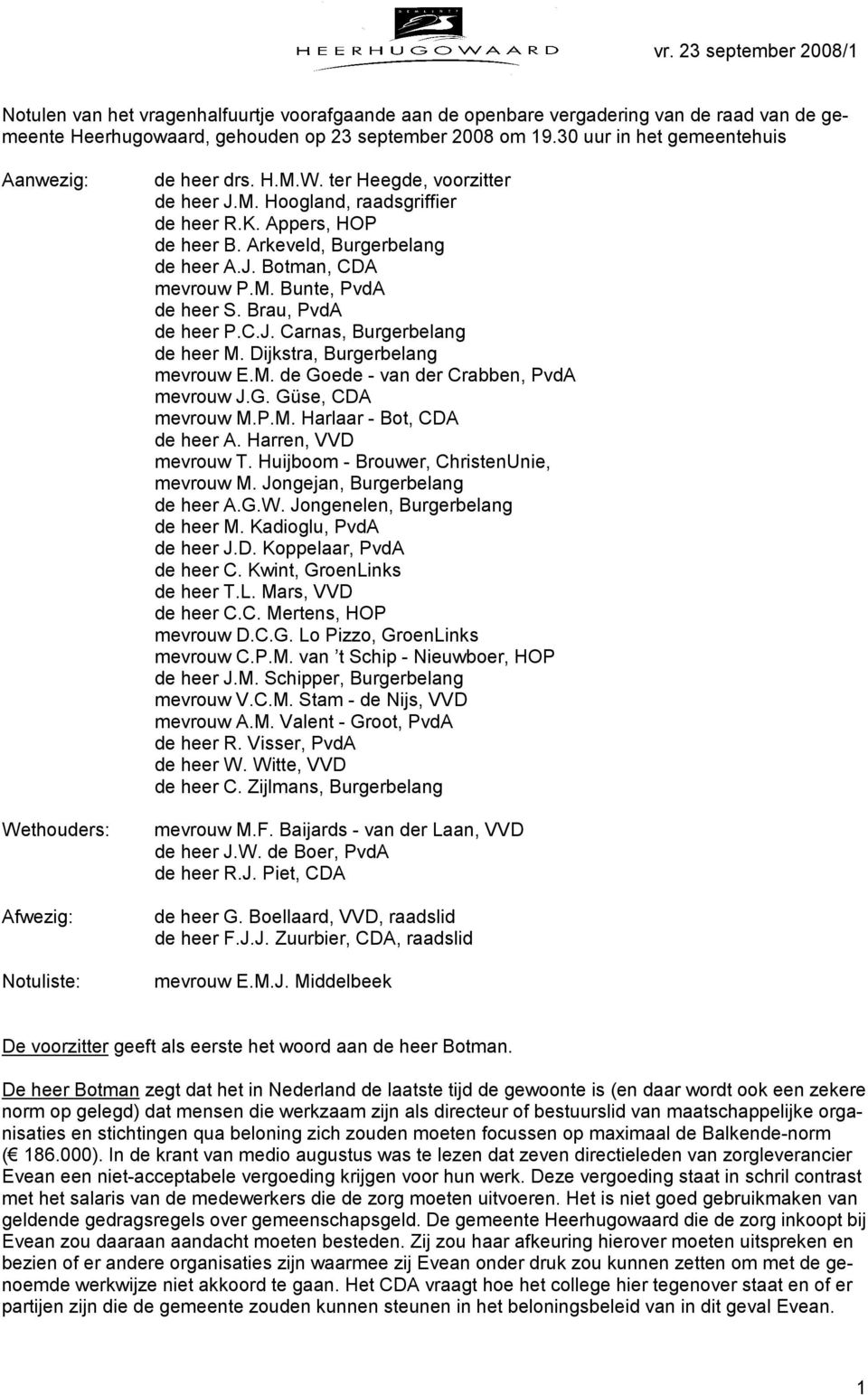 Arkeveld, Burgerbelang de heer A.J. Botman, CDA mevrouw P.M. Bunte, PvdA de heer S. Brau, PvdA de heer P.C.J. Carnas, Burgerbelang de heer M. Dijkstra, Burgerbelang mevrouw E.M. de Goede - van der Crabben, PvdA mevrouw J.