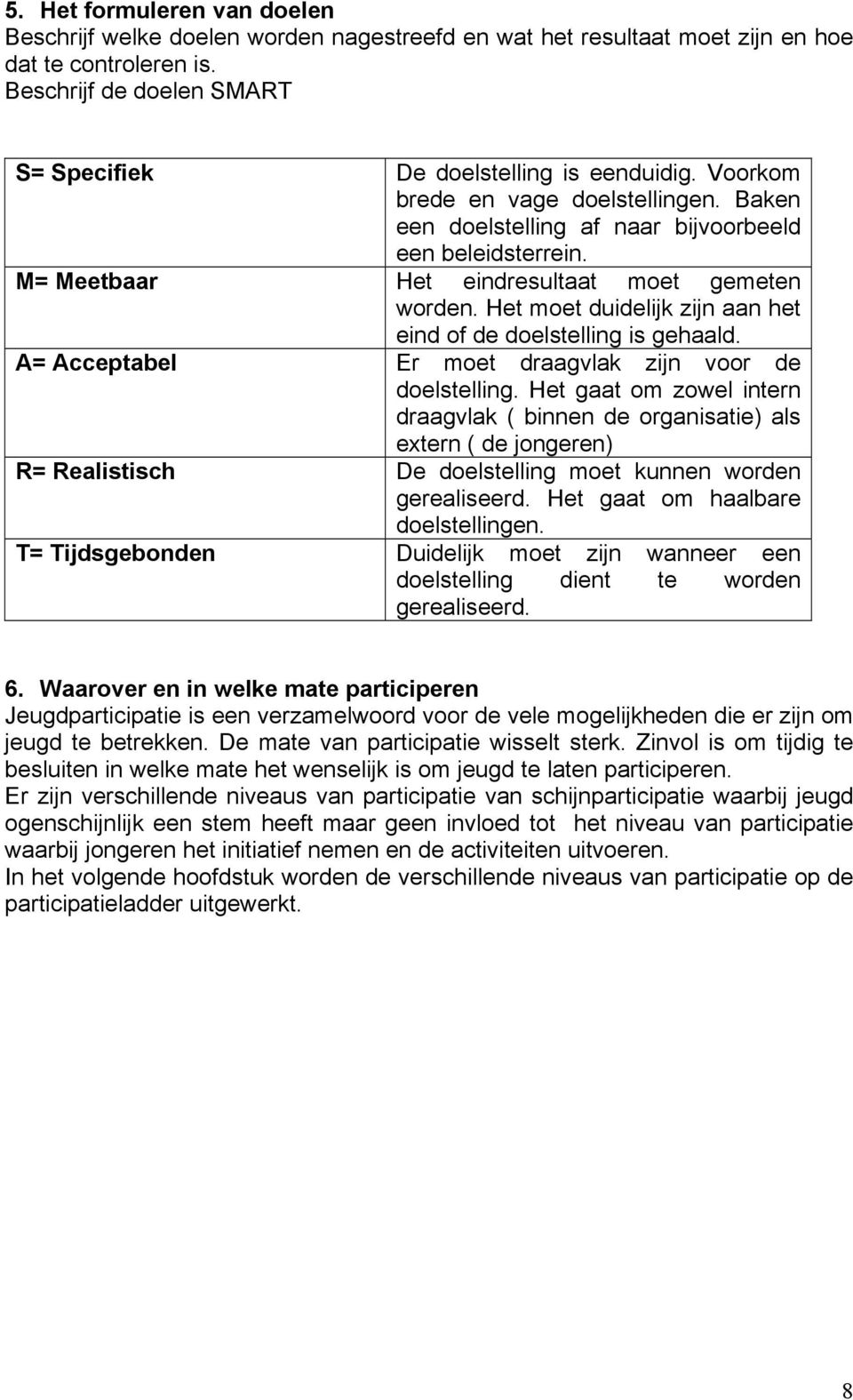 Het moet duidelijk zijn aan het eind of de doelstelling is gehaald. A= Acceptabel Er moet draagvlak zijn voor de doelstelling.