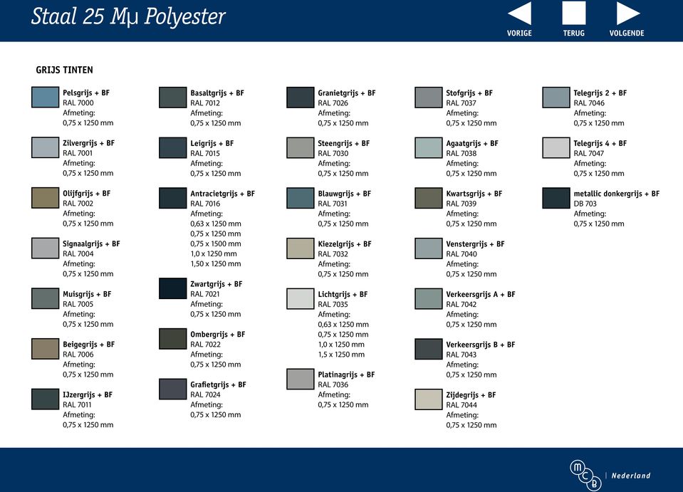 7011 Antracietgrijs + BF RAL 7016 1,50 x 1250 mm Zwartgrijs + BF RAL 7021 Ombergrijs + BF RAL 7022 Grafietgrijs + BF RAL 7024 Blauwgrijs + BF RAL 7031 Kiezelgrijs + BF RAL 7032 Lichtgrijs + BF RAL
