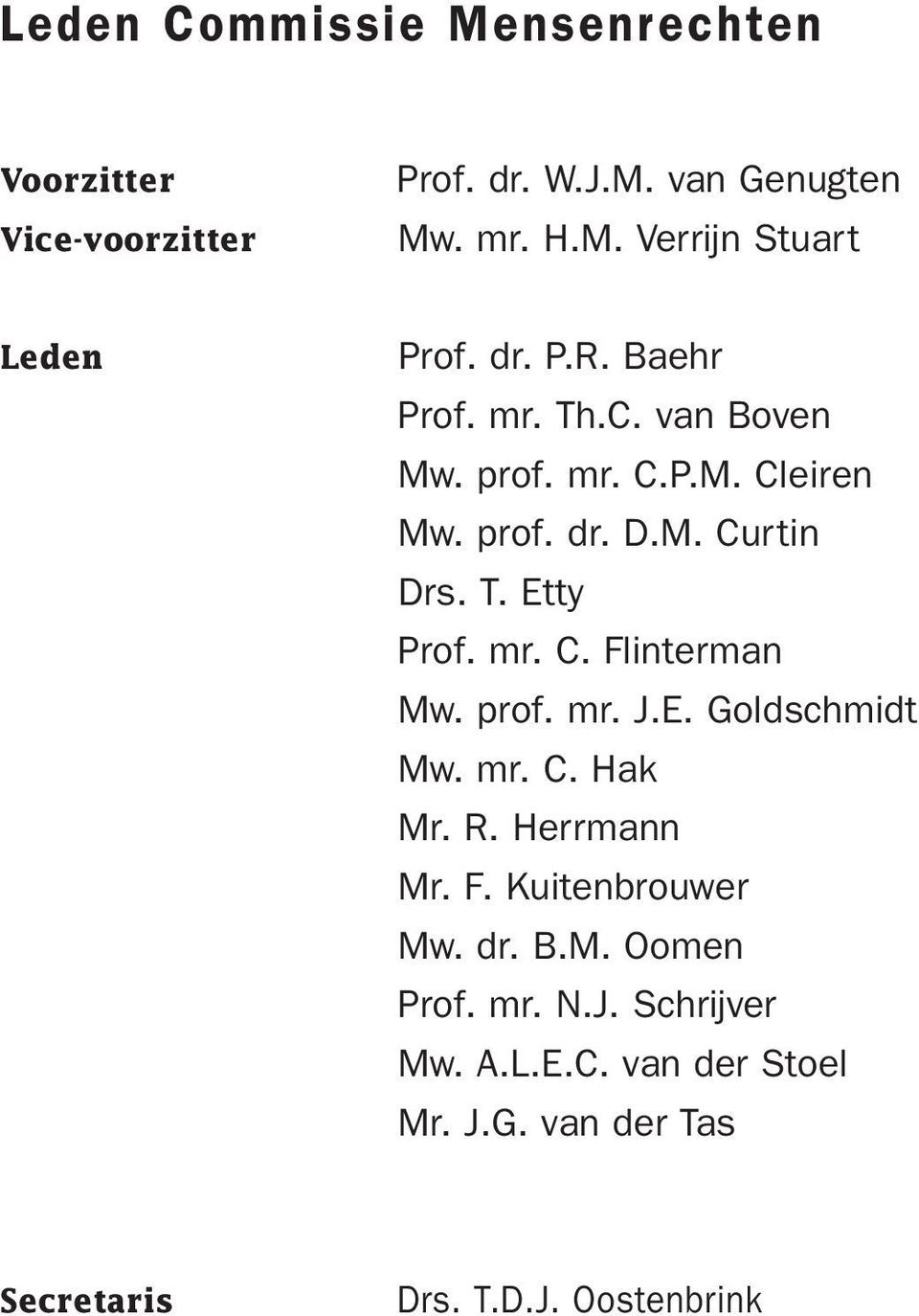 prof. mr. J.E. Goldschmidt Mw. mr. C. Hak Mr. R. Herrmann Mr. F. Kuitenbrouwer Mw. dr. B.M. Oomen Prof. mr. N.J. Schrijver Mw.